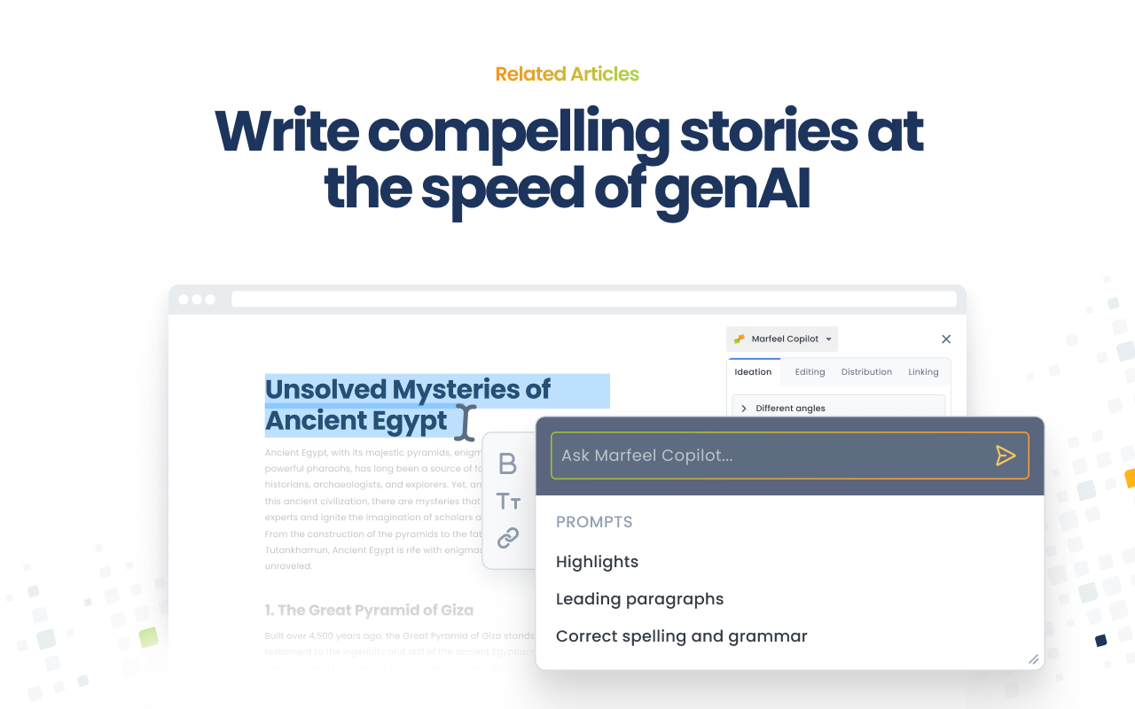 Marfeel Copilot AI Suggestions panel showing prompt options including highlights, leading paragraphs, and grammar correction