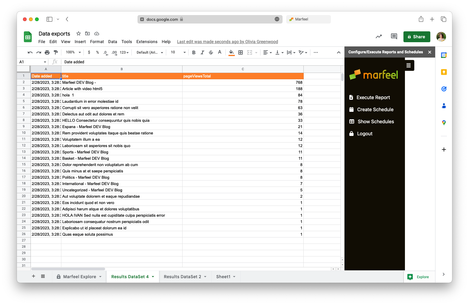 Exported report data populated in a Google Sheets tab|690x449