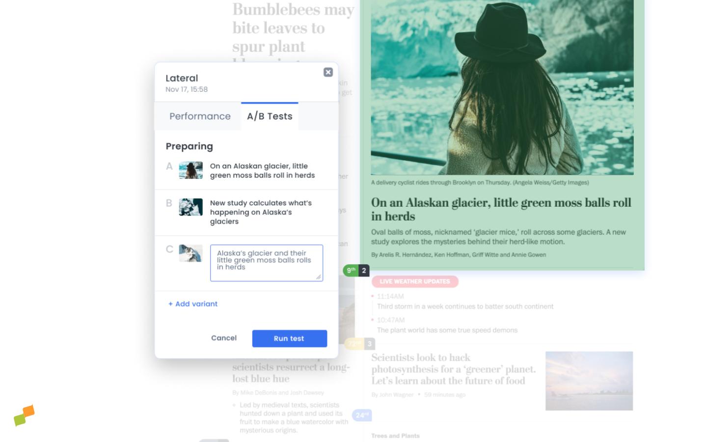 HUD interface showing the Run test button to start a headline A/B test|690x431