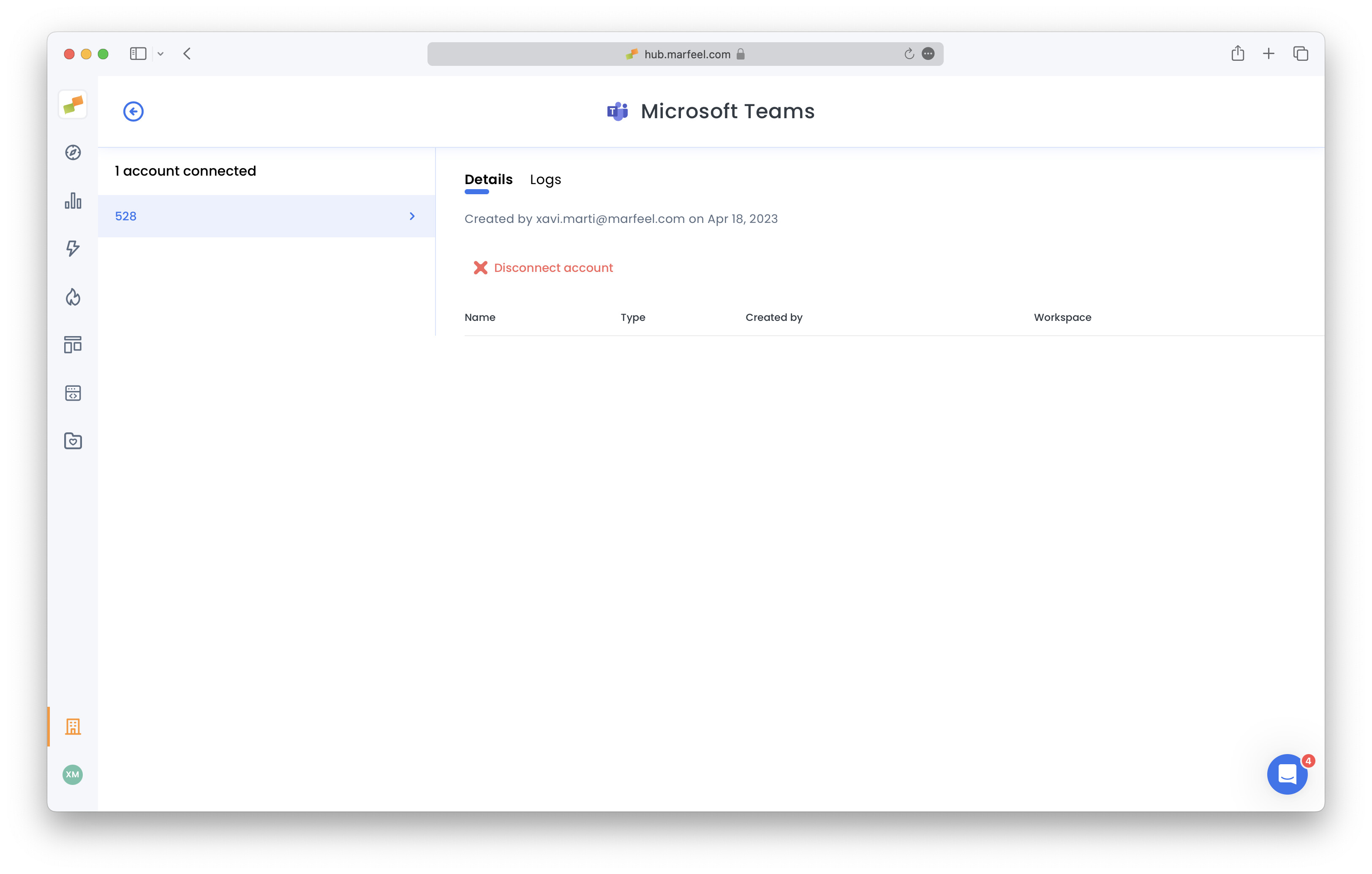 Connected Teams integration showing Details and Logs tabs|690x439
