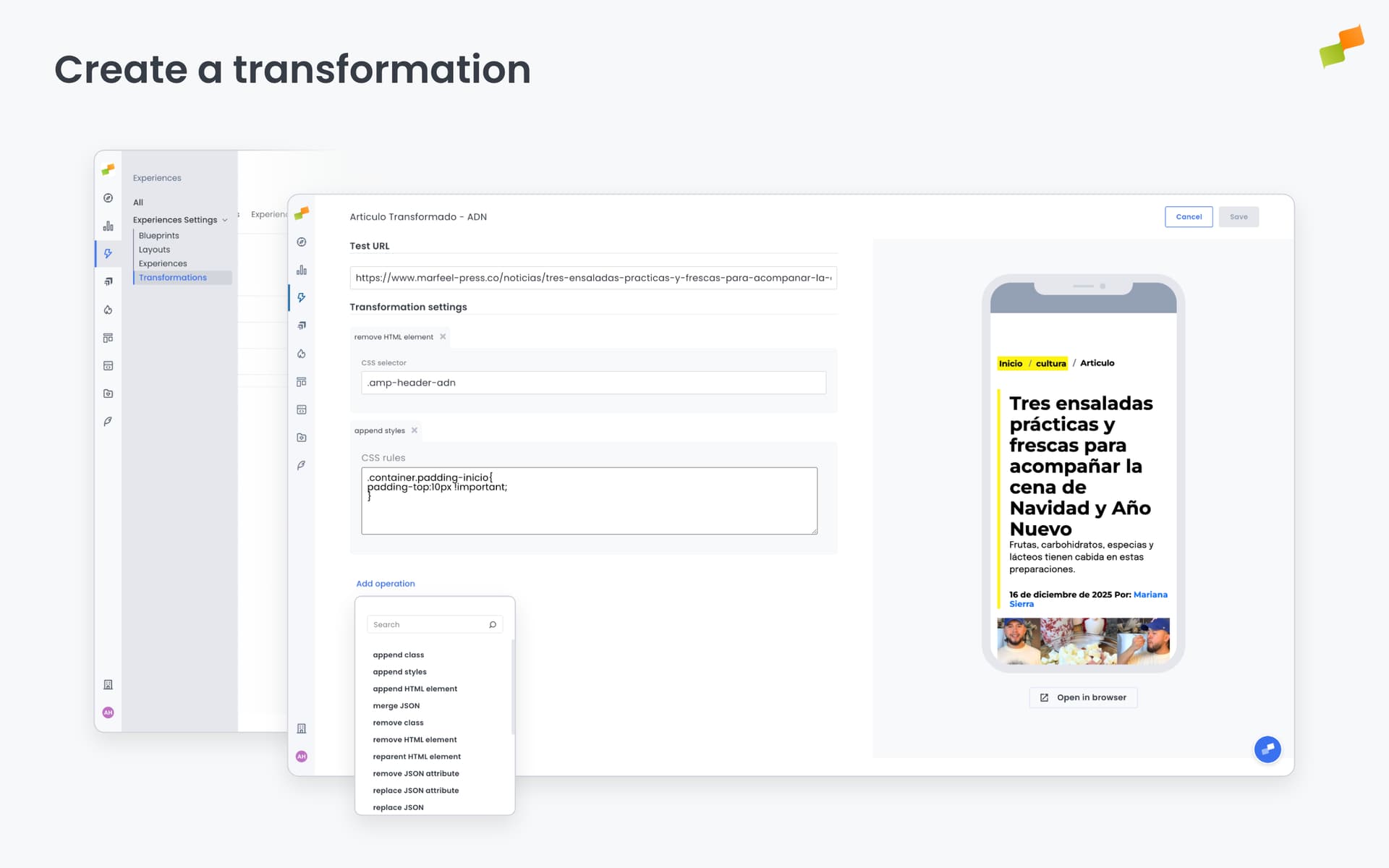 Flowcard AMP transformation editor with test URL input and live mobile preview|690x431