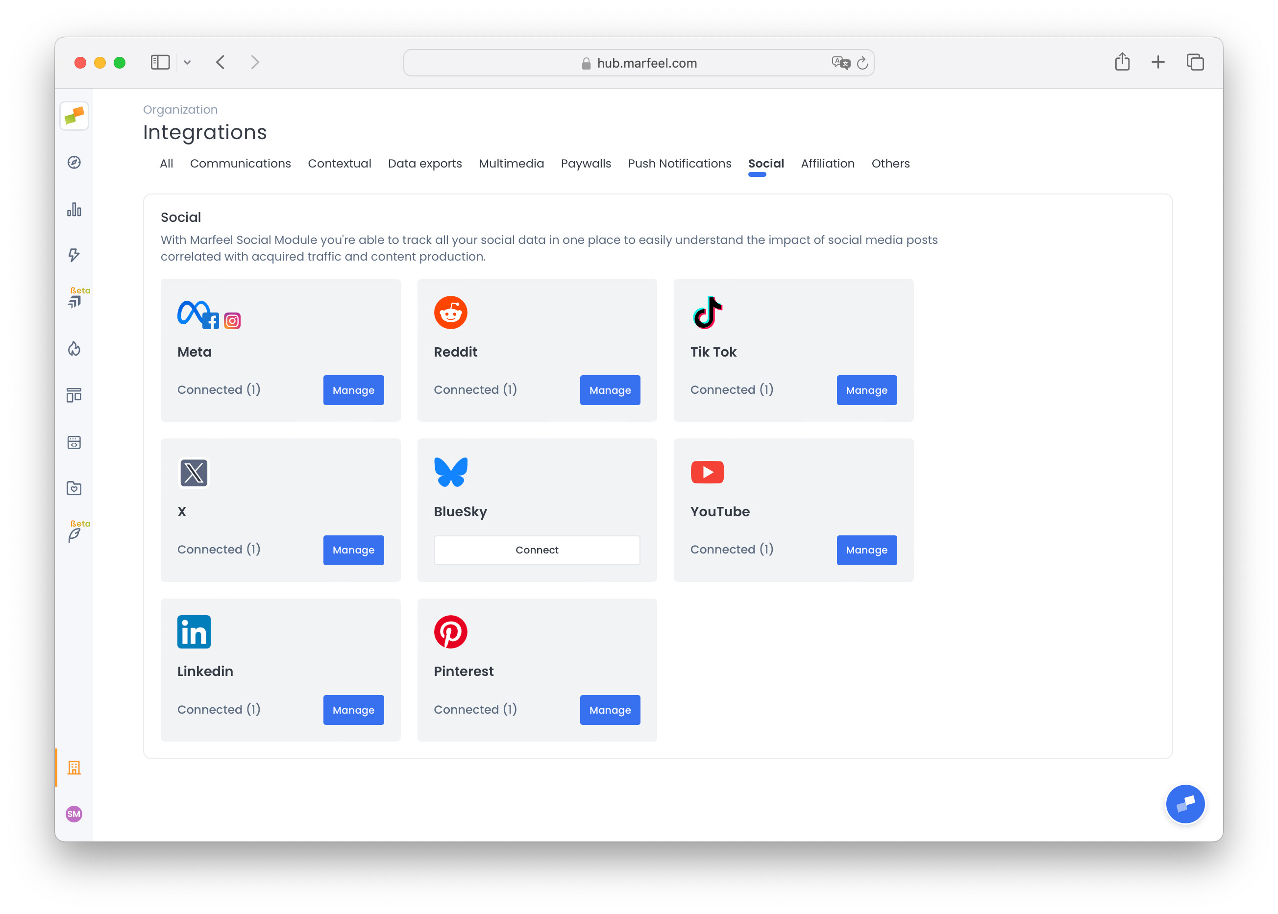 Marfeel Social integrations panel showing available social network connections|690x493