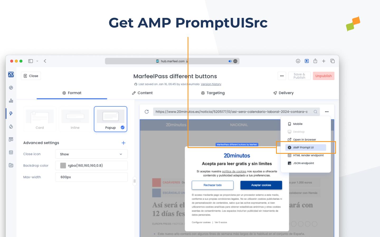 MarfeelPass AMP experience preview accessed via promptUISrc link in Experience Manager|690x431