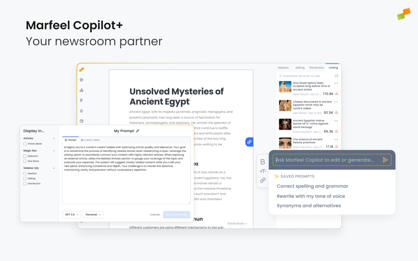 Marfeel Copilot AI assistant interface for editorial teams|690x431