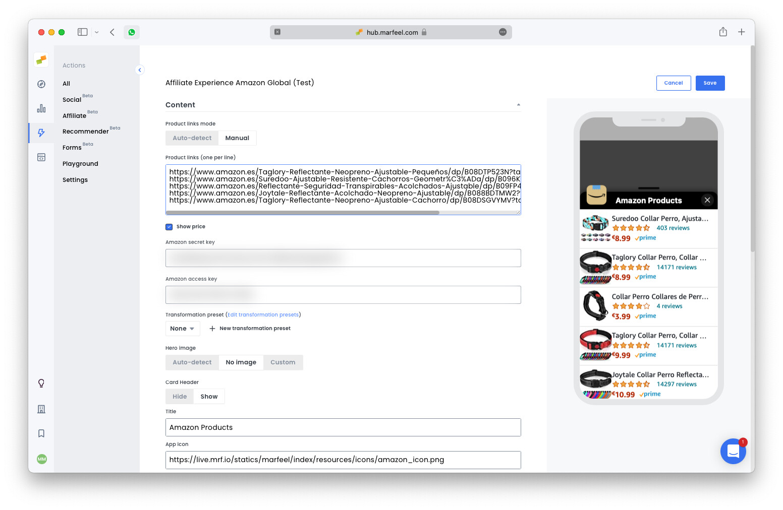 Experience Manager configuration panel for affiliation API token setup|690x449