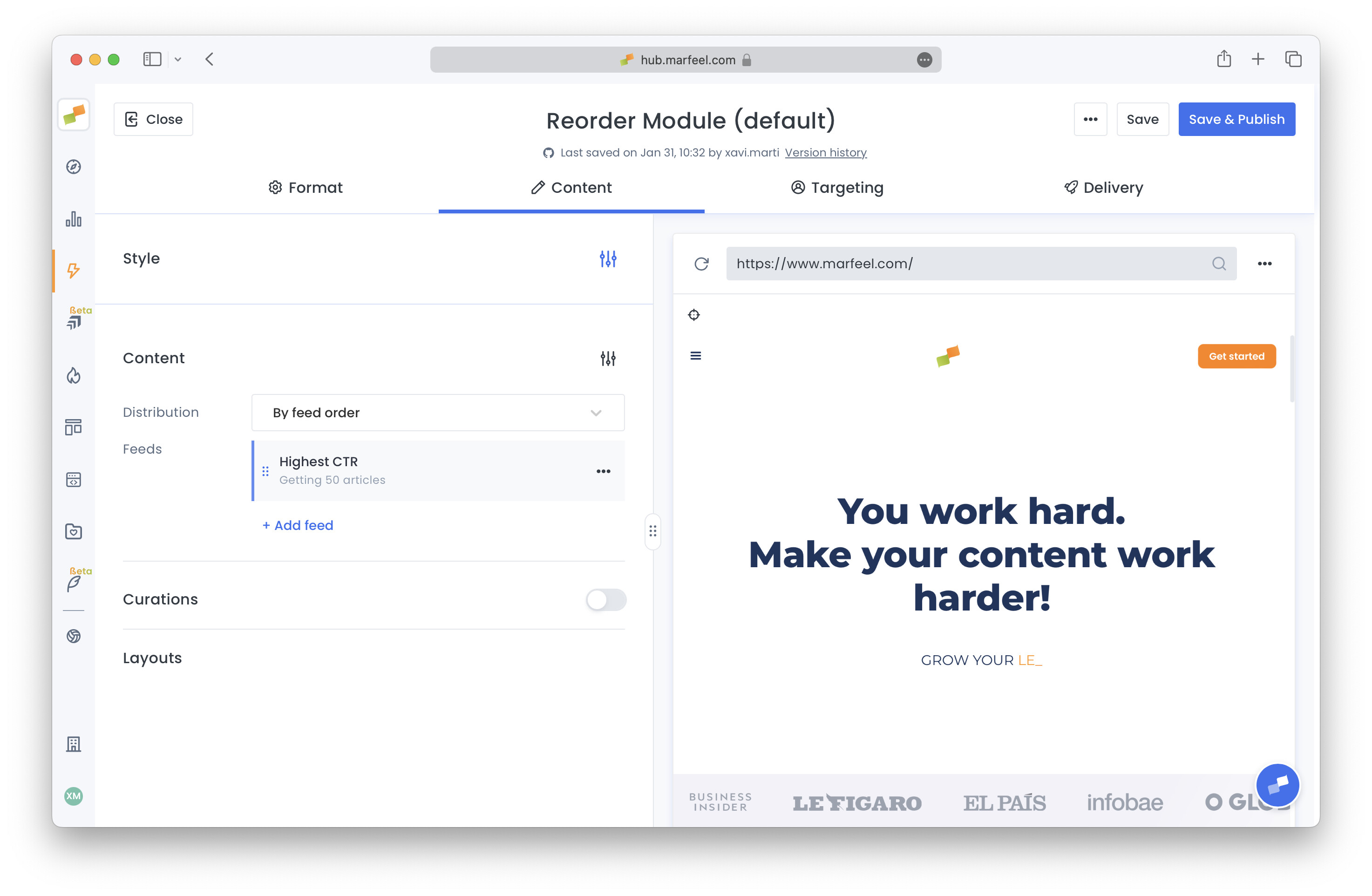 Content tab showing the Highest CTR recommender feed configuration|690x450