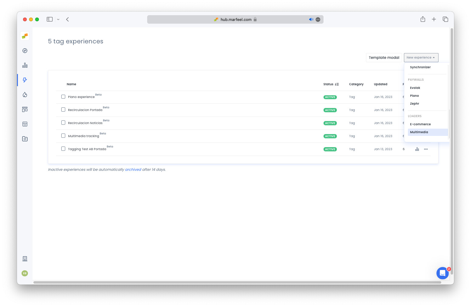 Multimedia Tag Experience creation screen in Marfeel hub