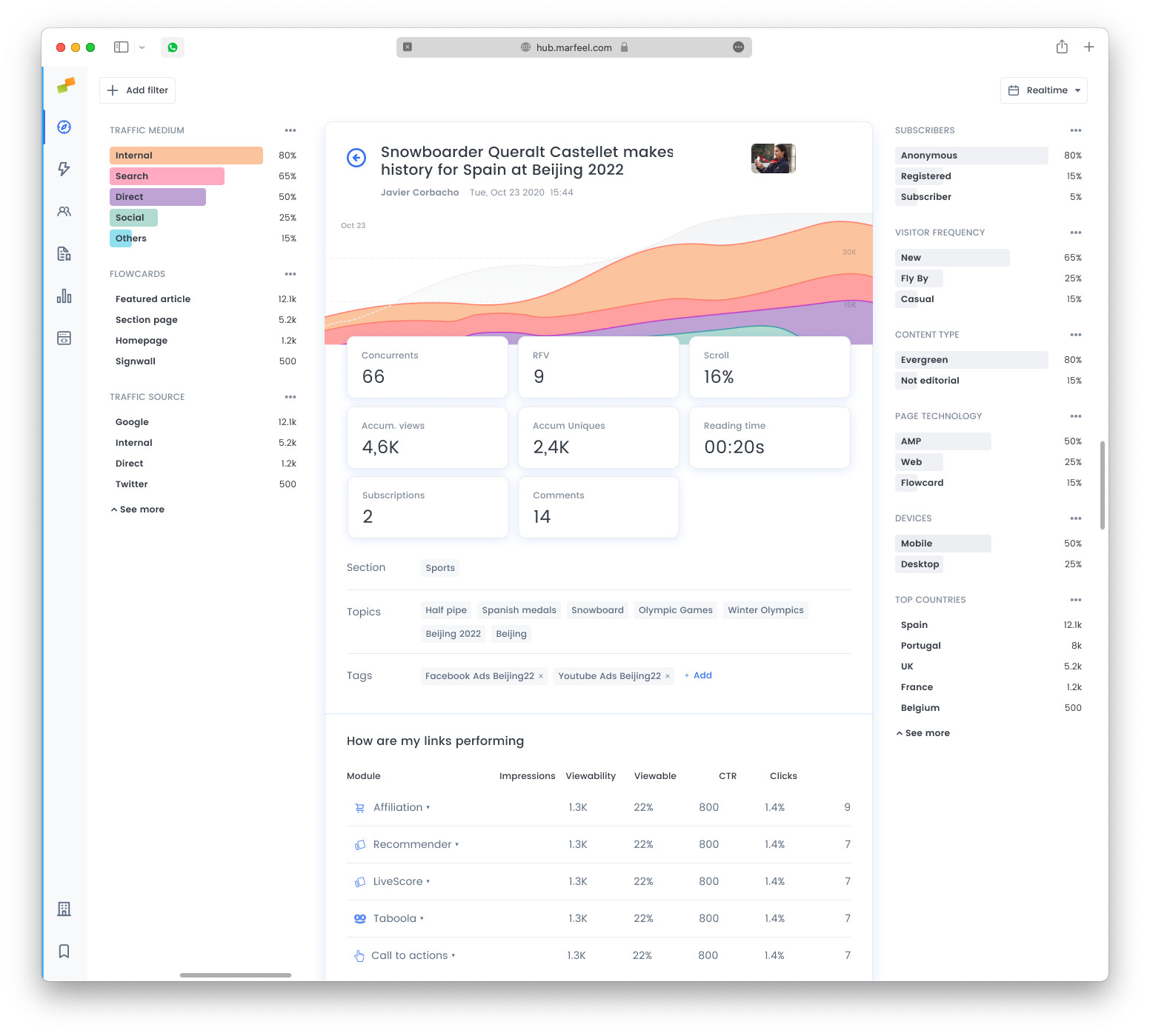 Article details view showing per-link affiliation metrics including impressions, viewability, and CTR|554x500