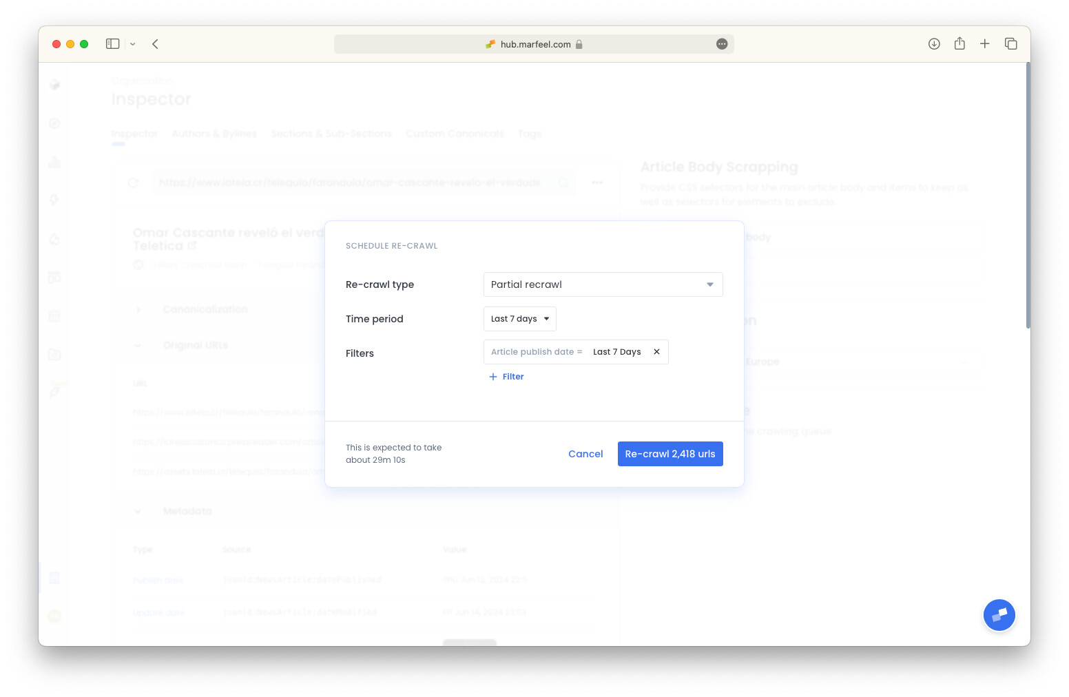 Bulk recrawl option in the Editorial Crawler inspector showing query-based article selection|690x449