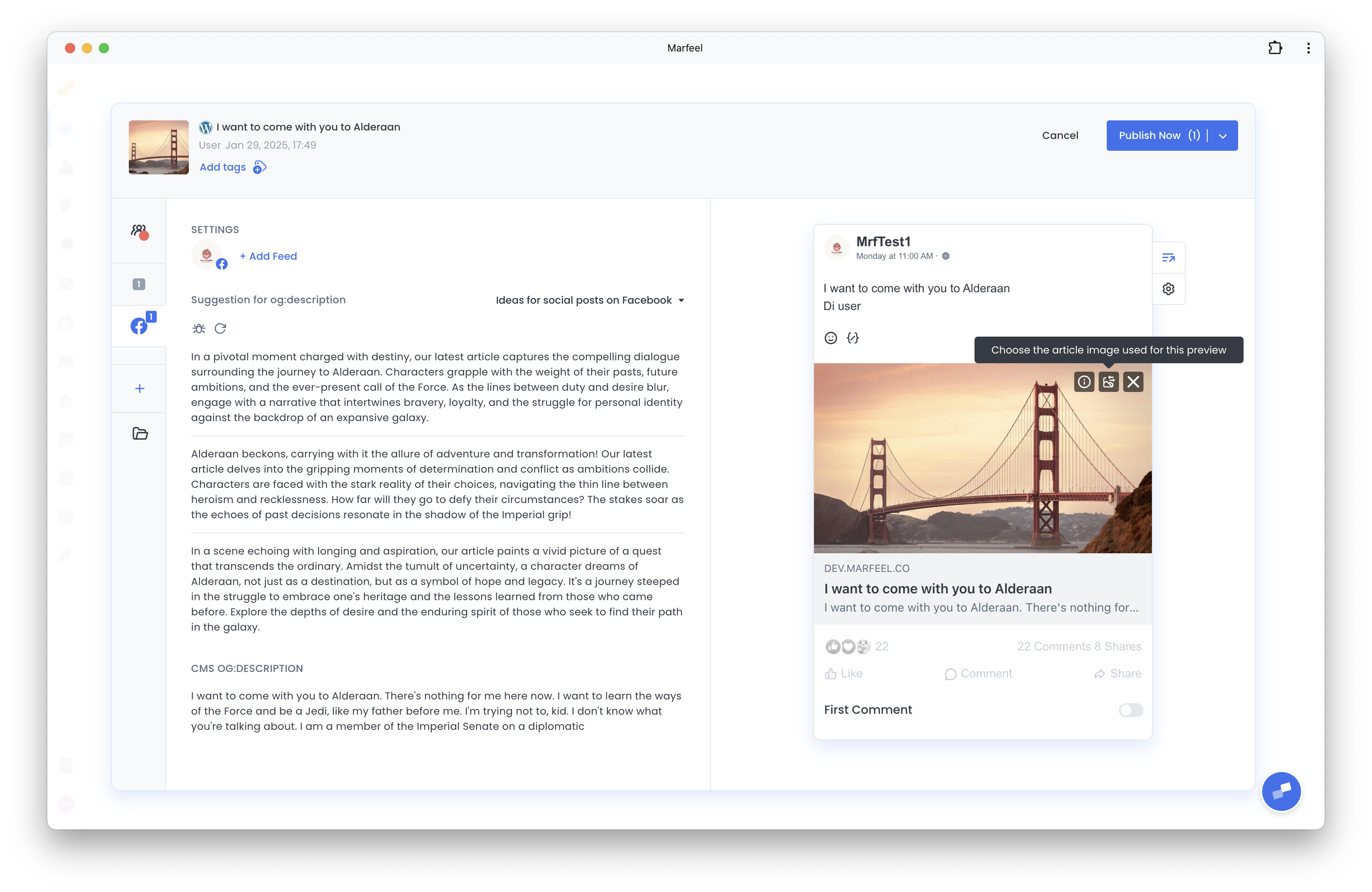 Facebook article preview in the Amplify composer with the image swap option and suggested images|690x448