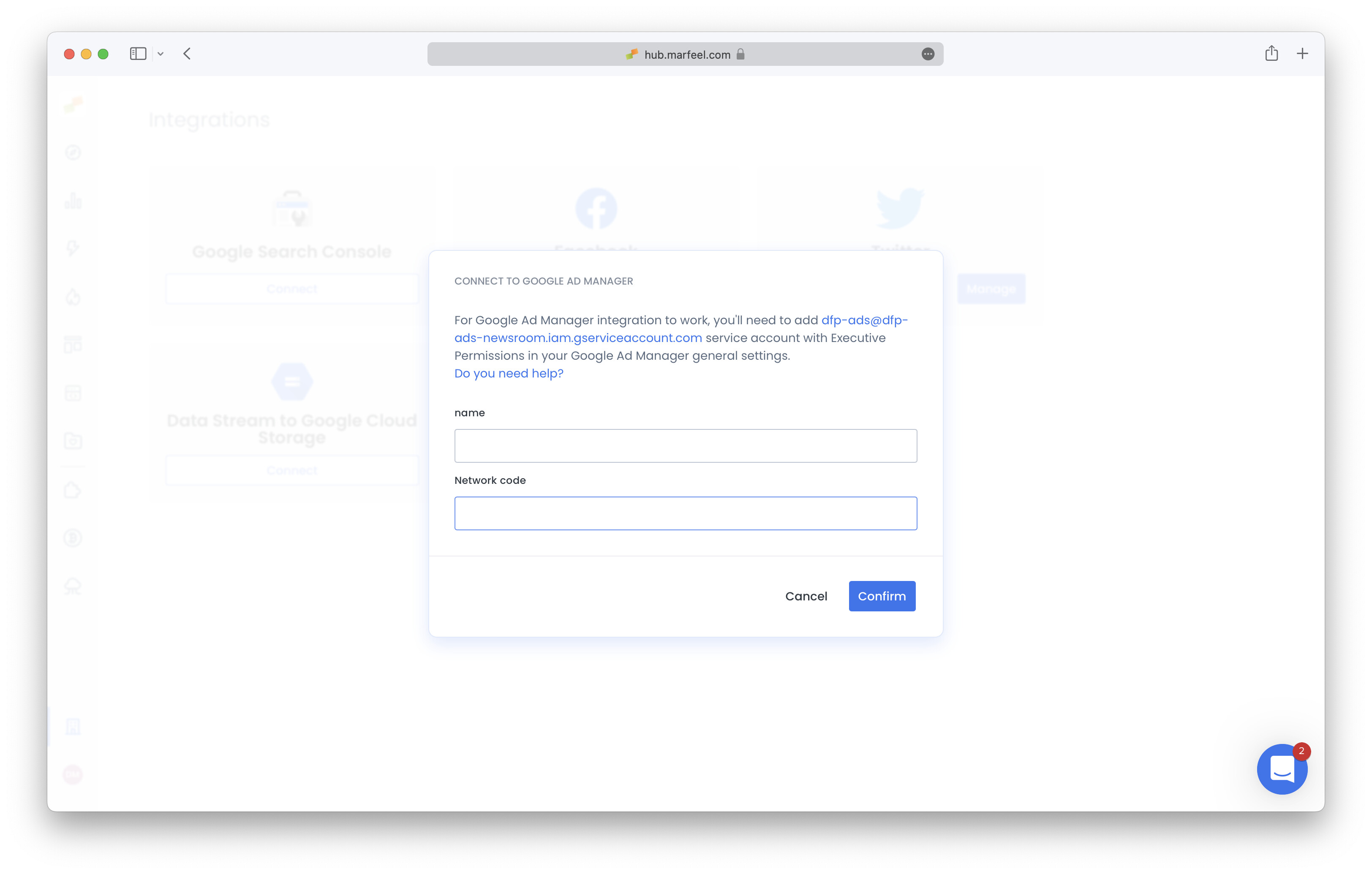 Marfeel Hub integration screen with Network Code input field for Google Ad Manager|690x439