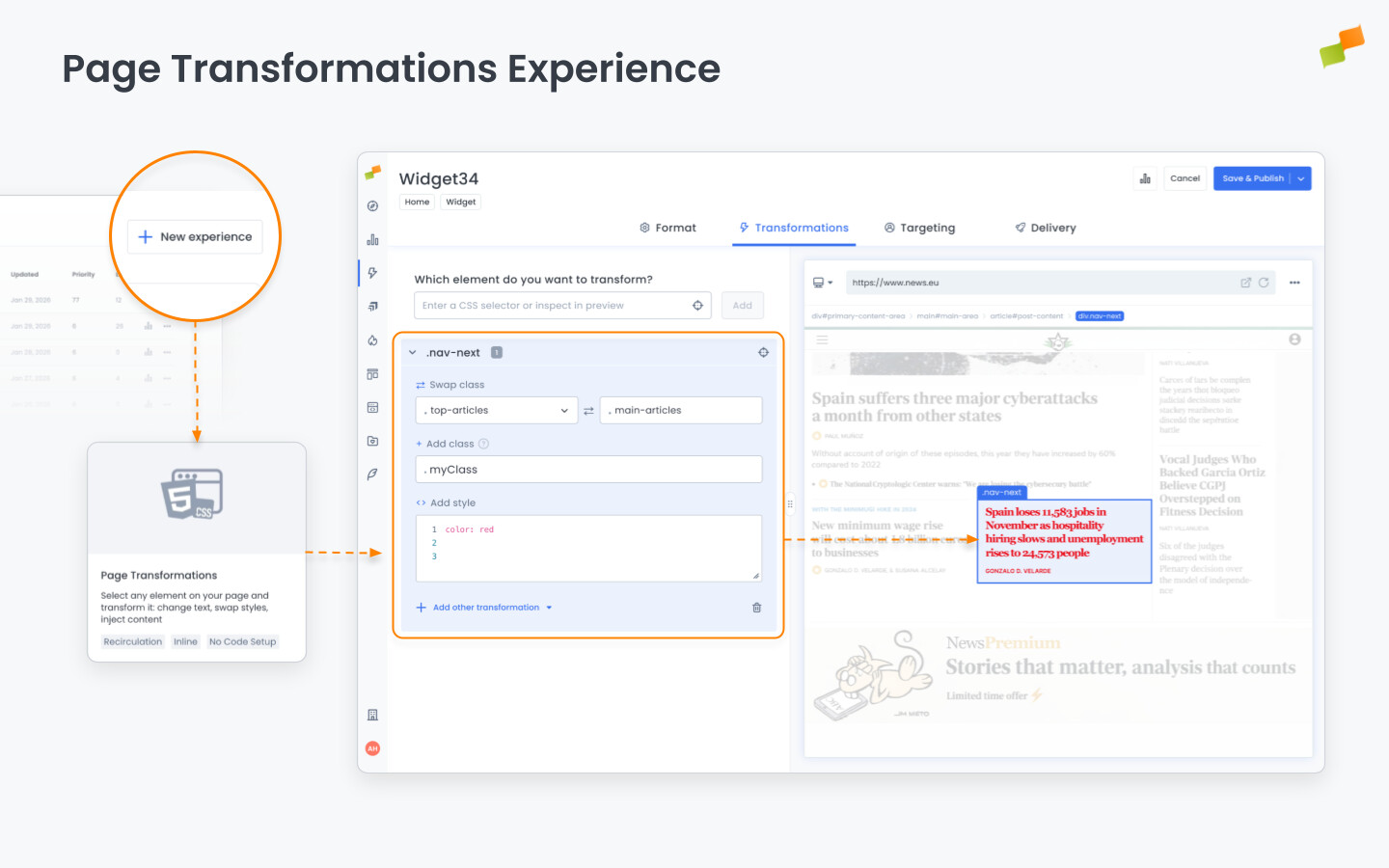 Page Transformations editor showing element selection and transformation options|690x431
