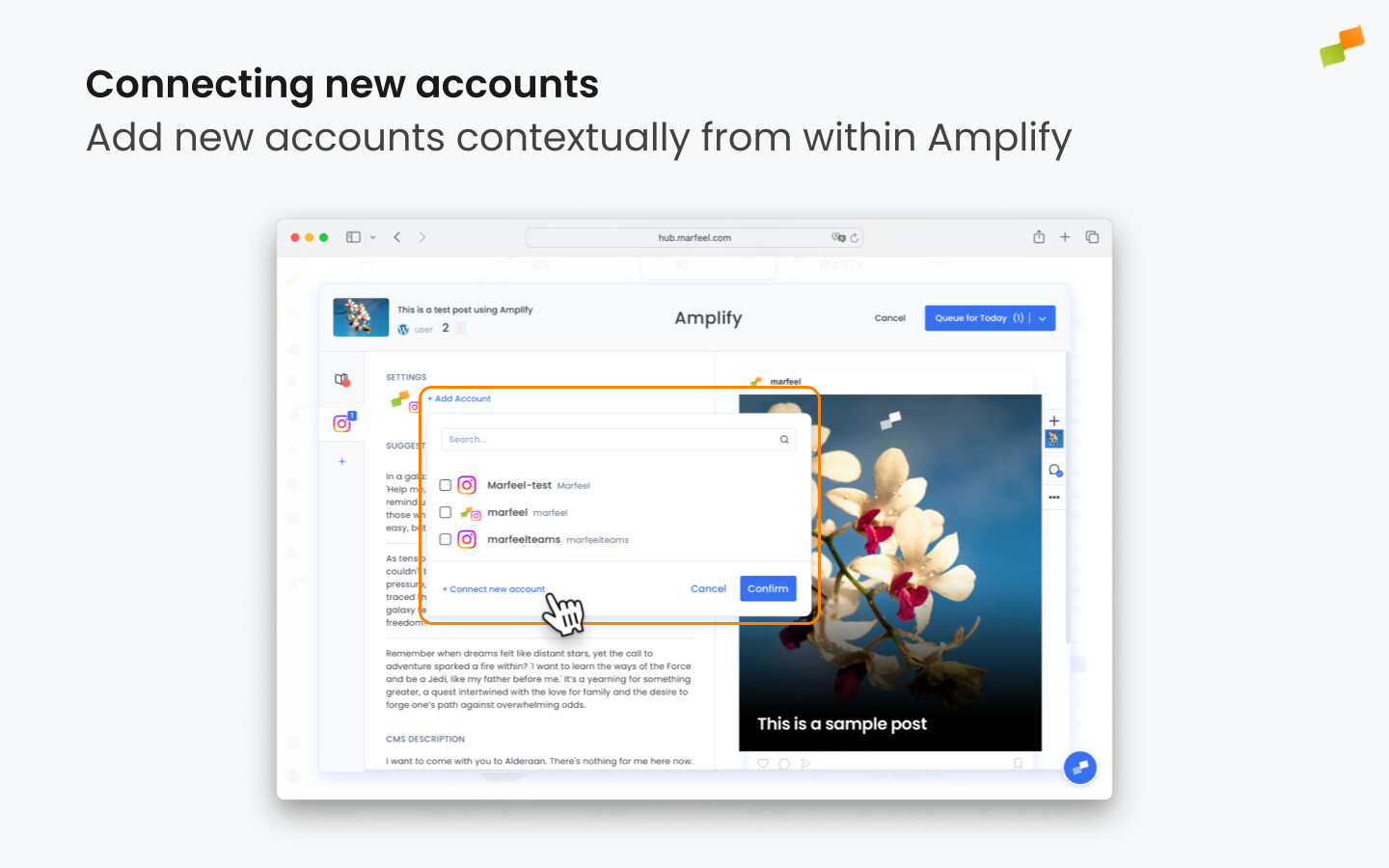 Amplify post editor showing the option to connect a new social media account|1440x900