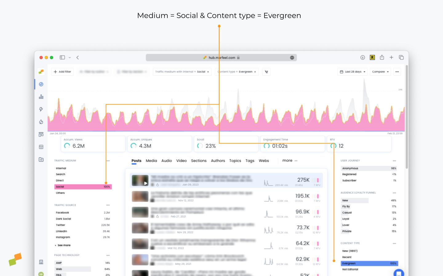 Compass report filtered by social traffic and evergreen content type|690x431