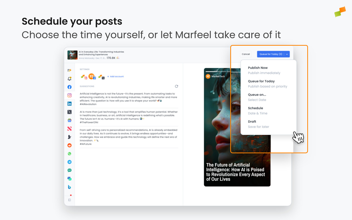 Scheduling panel showing Publish Now, Queue, Schedule, and Draft options|773x483