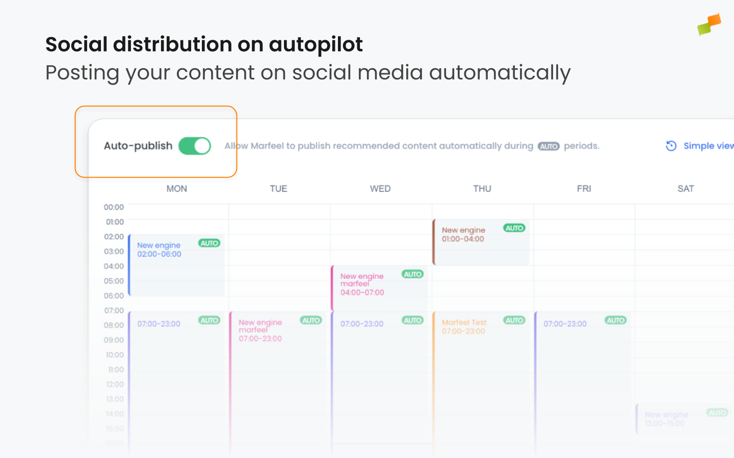 Amplify autopilot mode configuration showing time-based automatic posting settings|1440x900