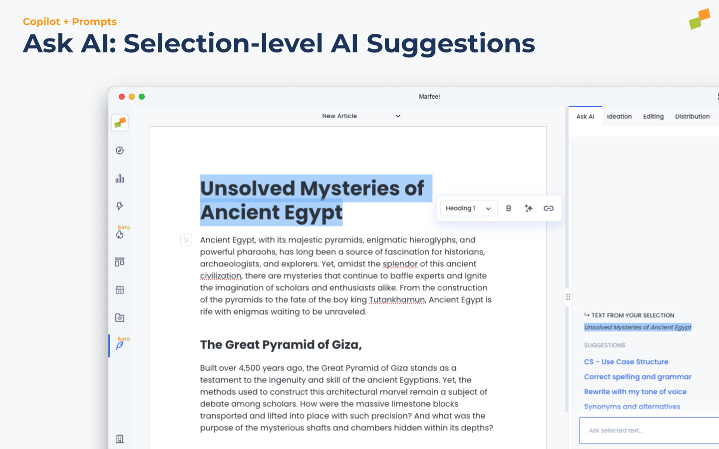 Ask AI selection-level interface showing spelling, synonym, and tone of voice suggestions with a Diff editor