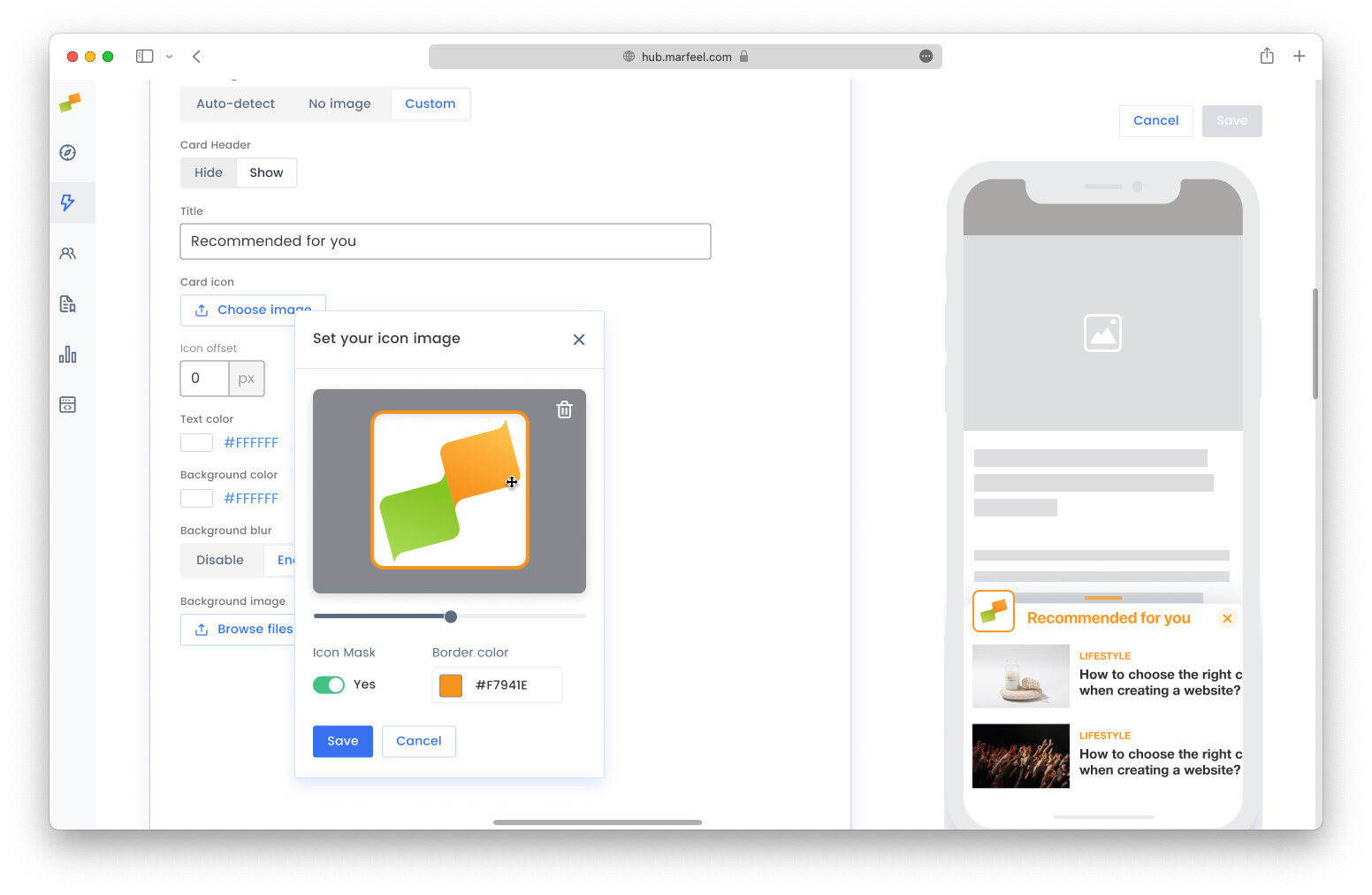 Icon builder interface showing zoom, pan, and border controls for Flowcard icons|690x449