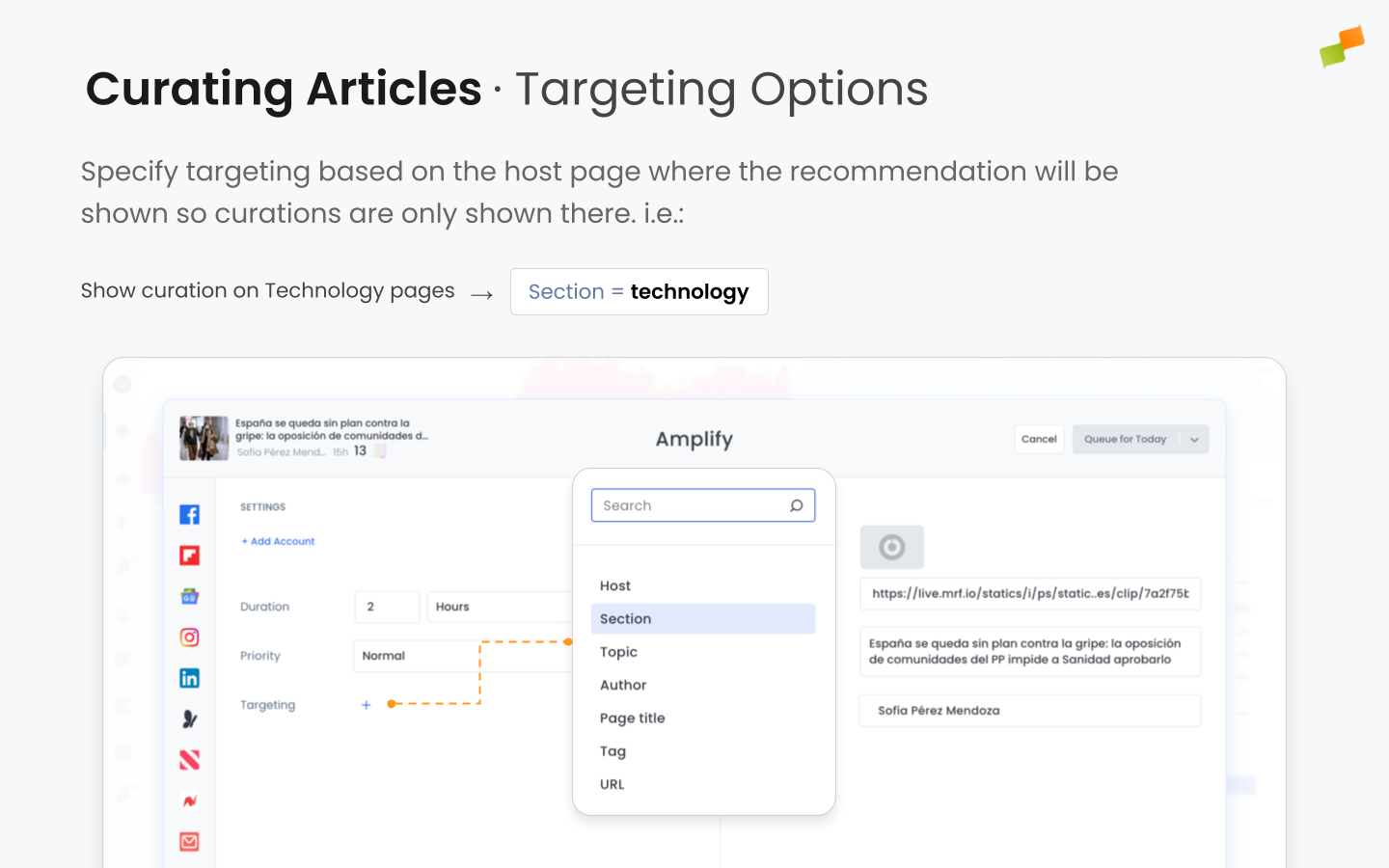 Marfeel Recommender targeting options panel showing section, topic, and audience segment filters