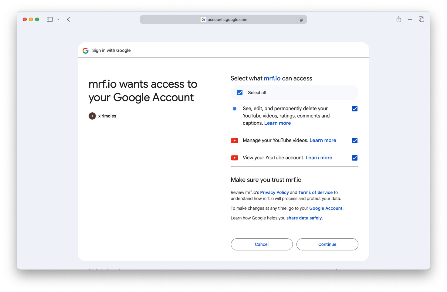 YouTube API permissions request showing the scopes Marfeel requires|690x450