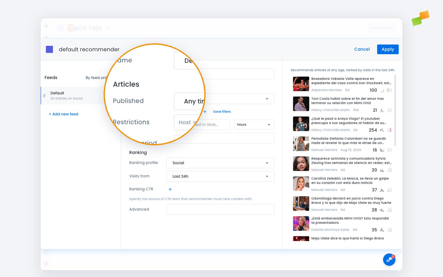 Amplify recommender editor with the Published field under Articles, Visits from under Ranking, and the feed summary above the preview|690x431