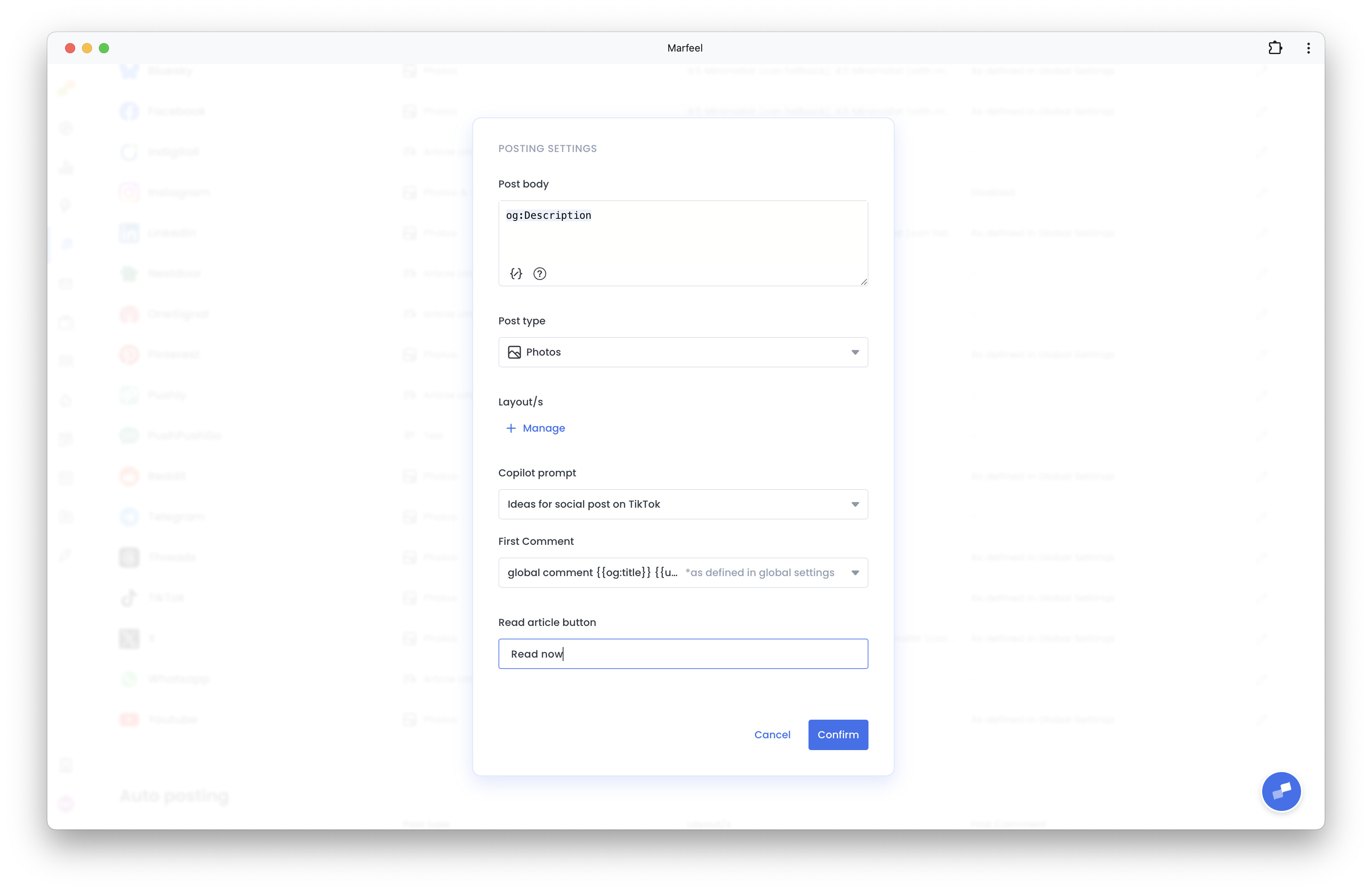 Posting settings dialog with the Read article button field set to a custom Read now label|690x448