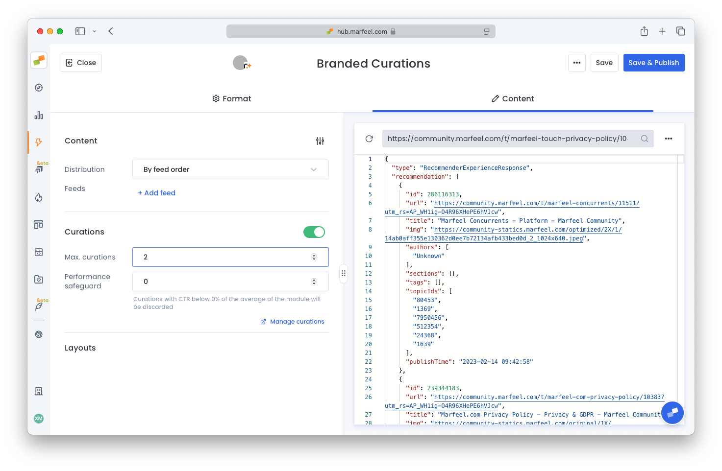 Branded Curations configuration panel showing curations enabled and Performance Safeguard set to zero