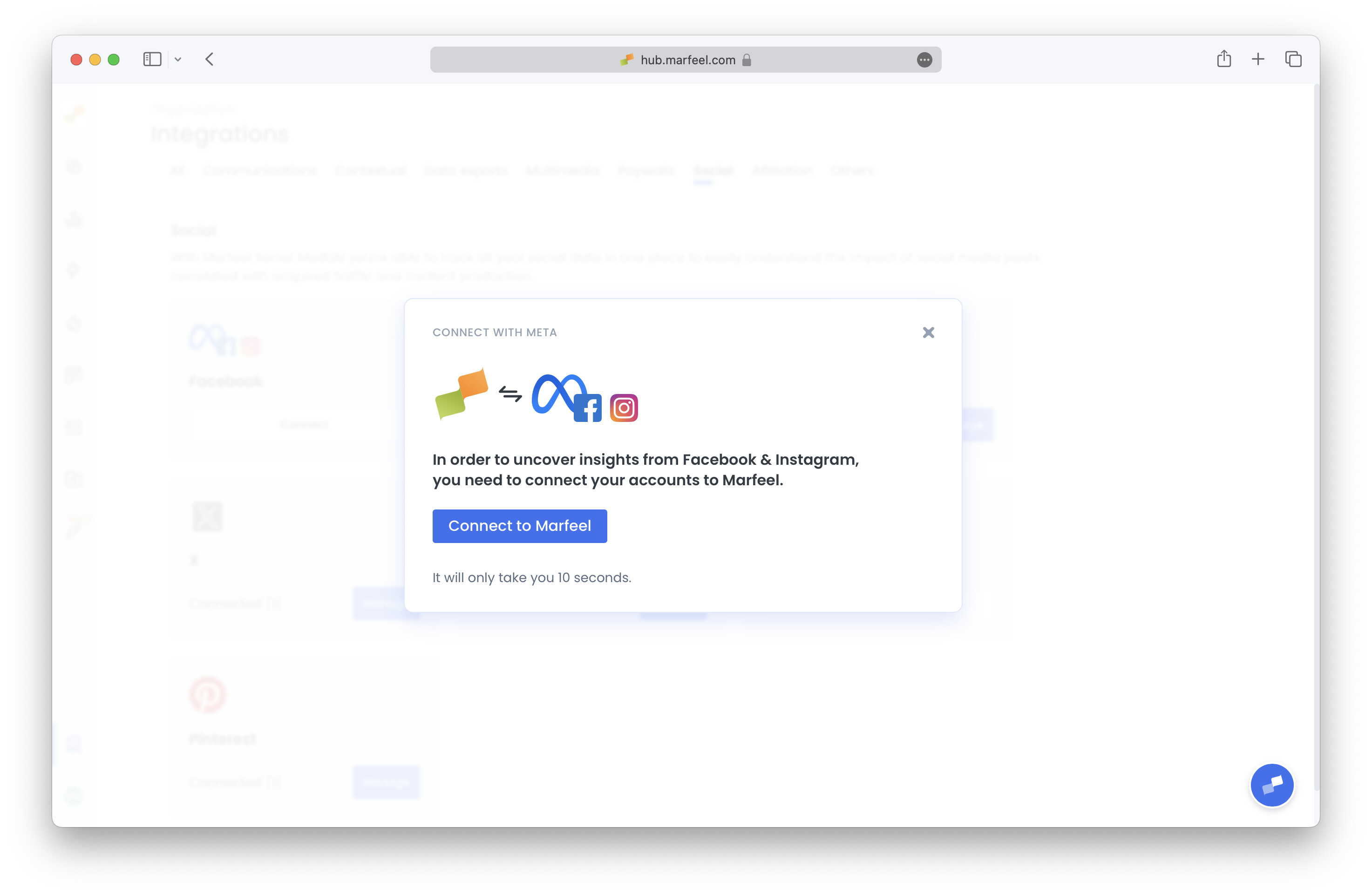 Meta integration connection prompt with a Connect button|690x450