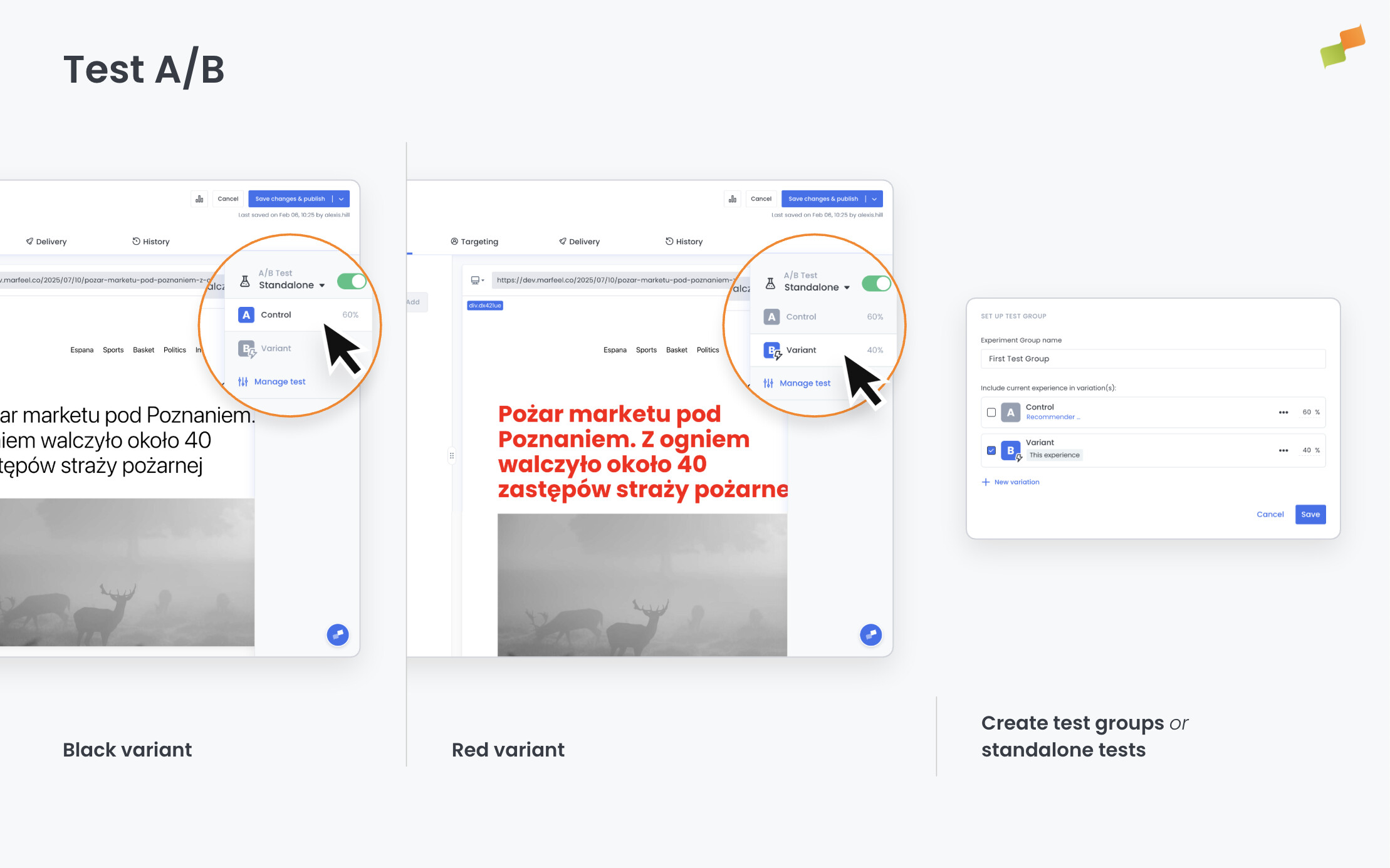 Experience Manager A/B testing panel showing control and variant traffic split configuration|690x431