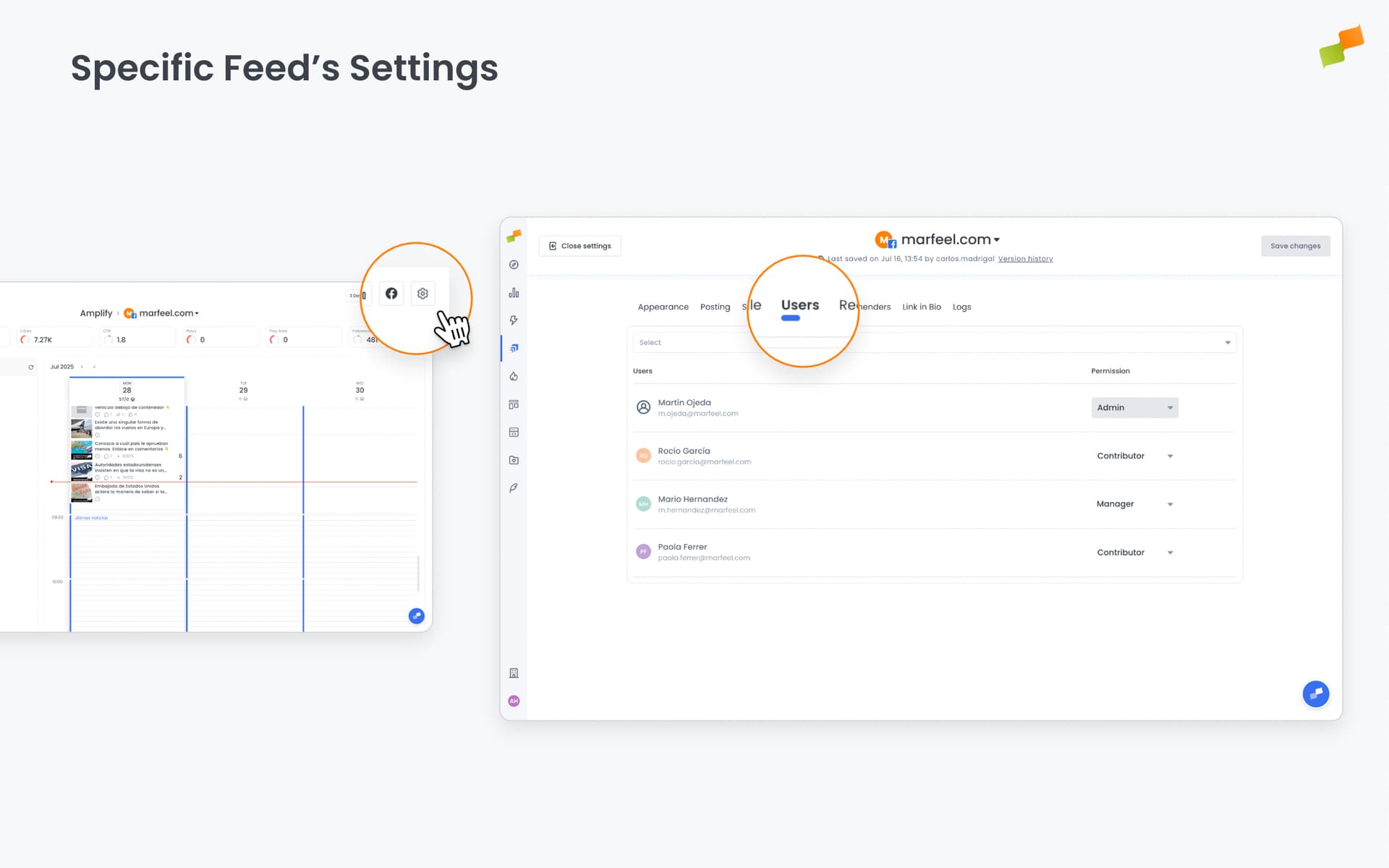Feed settings panel showing how to add users and assign roles per feed|690x431
