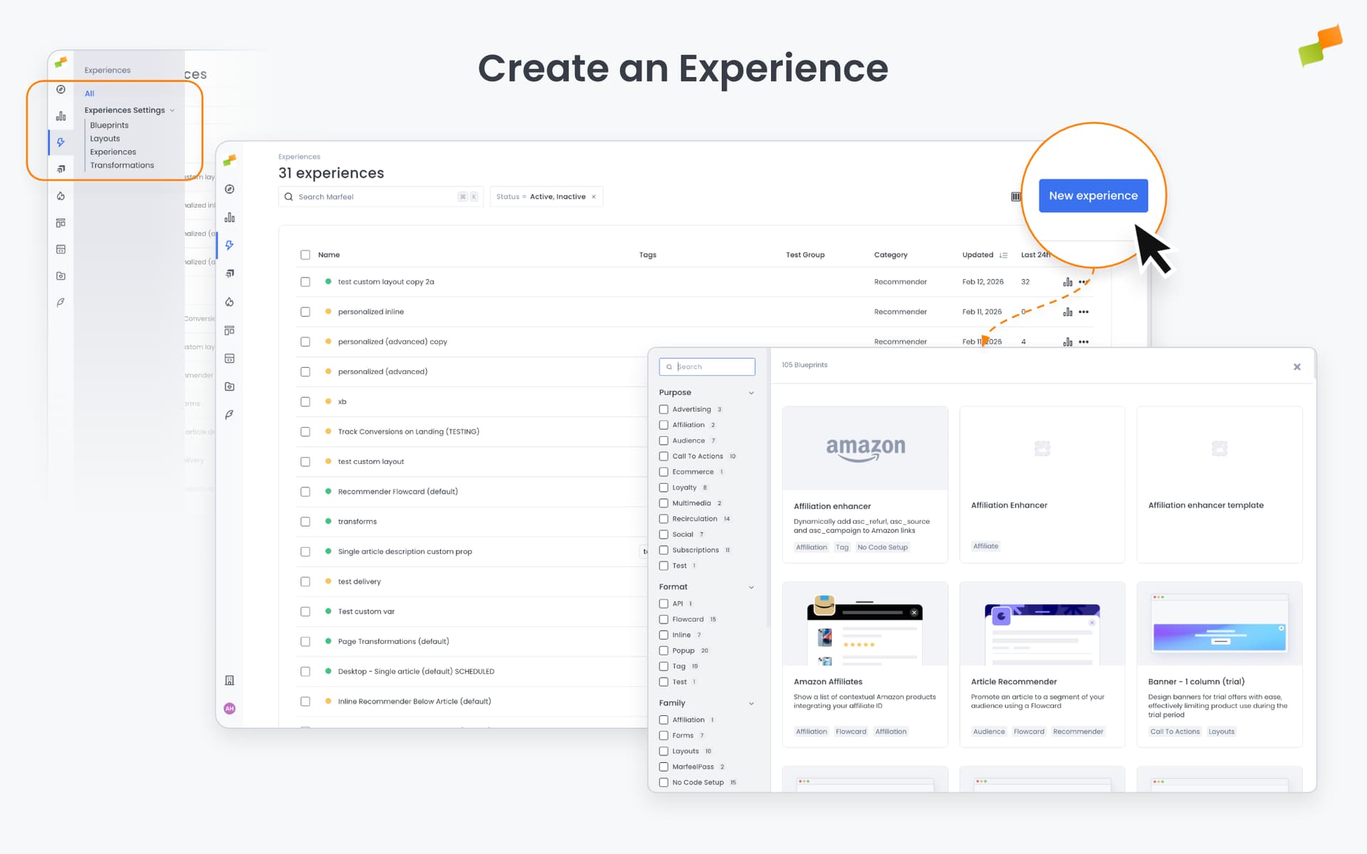Experience Manager creation gallery showing blueprint filters and categories|690x431