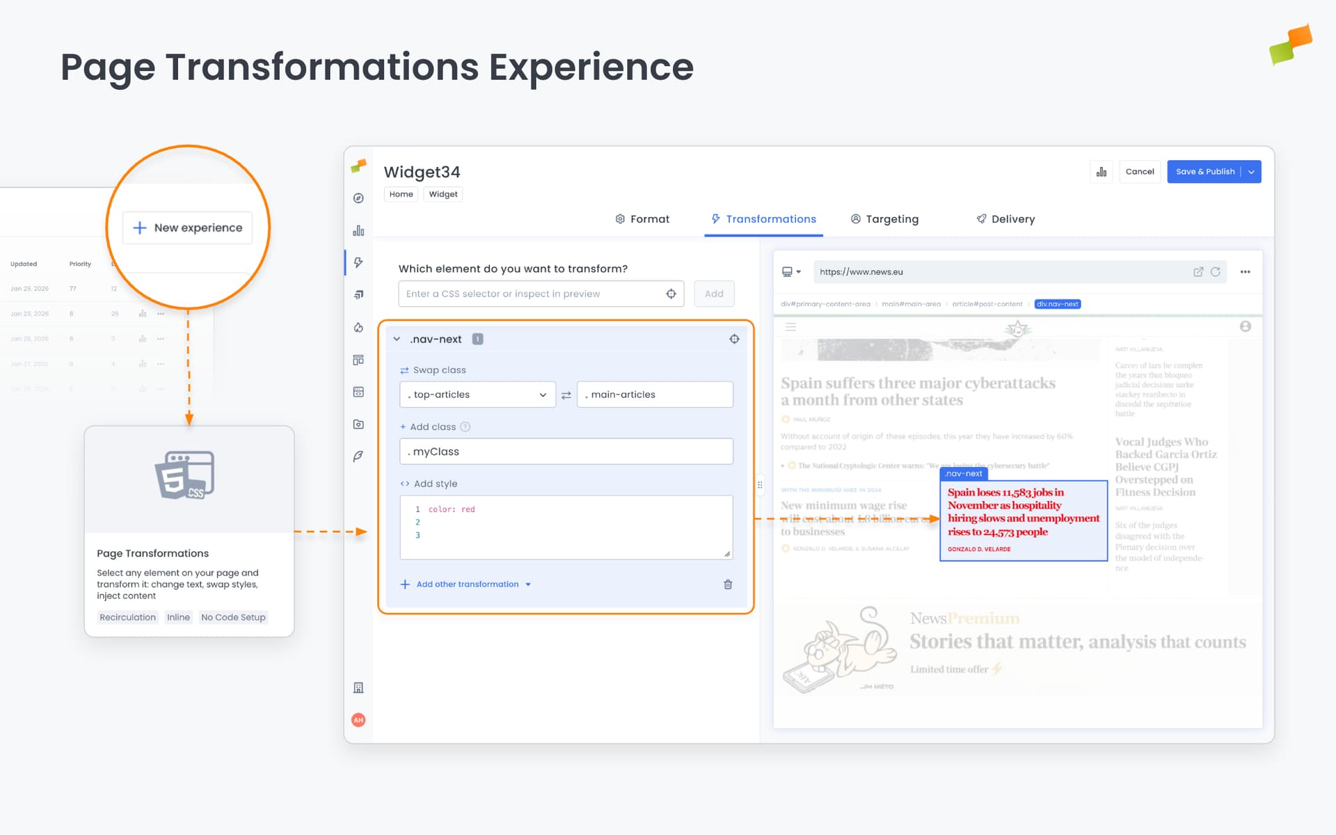 Page Transformations visual editor showing content modification options in Marfeel Experience Manager|690x431