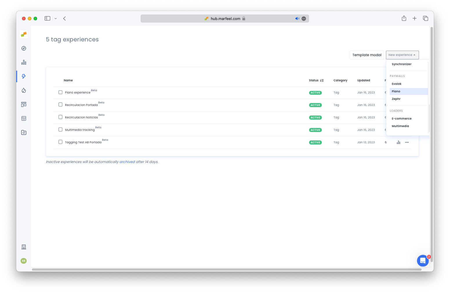 Piano tag experience creation screen in Marfeel hub|690x449