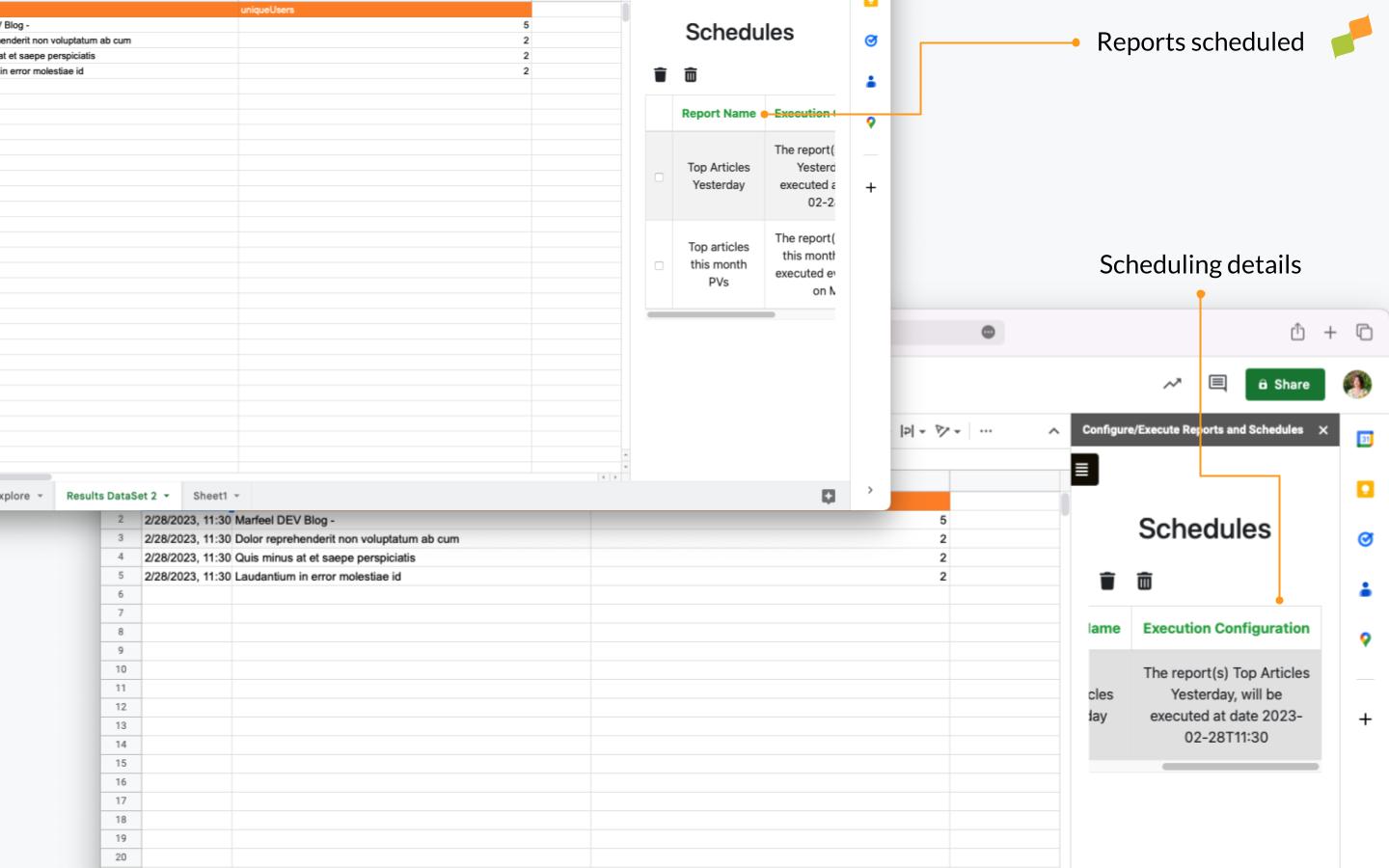 Show Schedules panel listing active report subscriptions with delete options|690x431