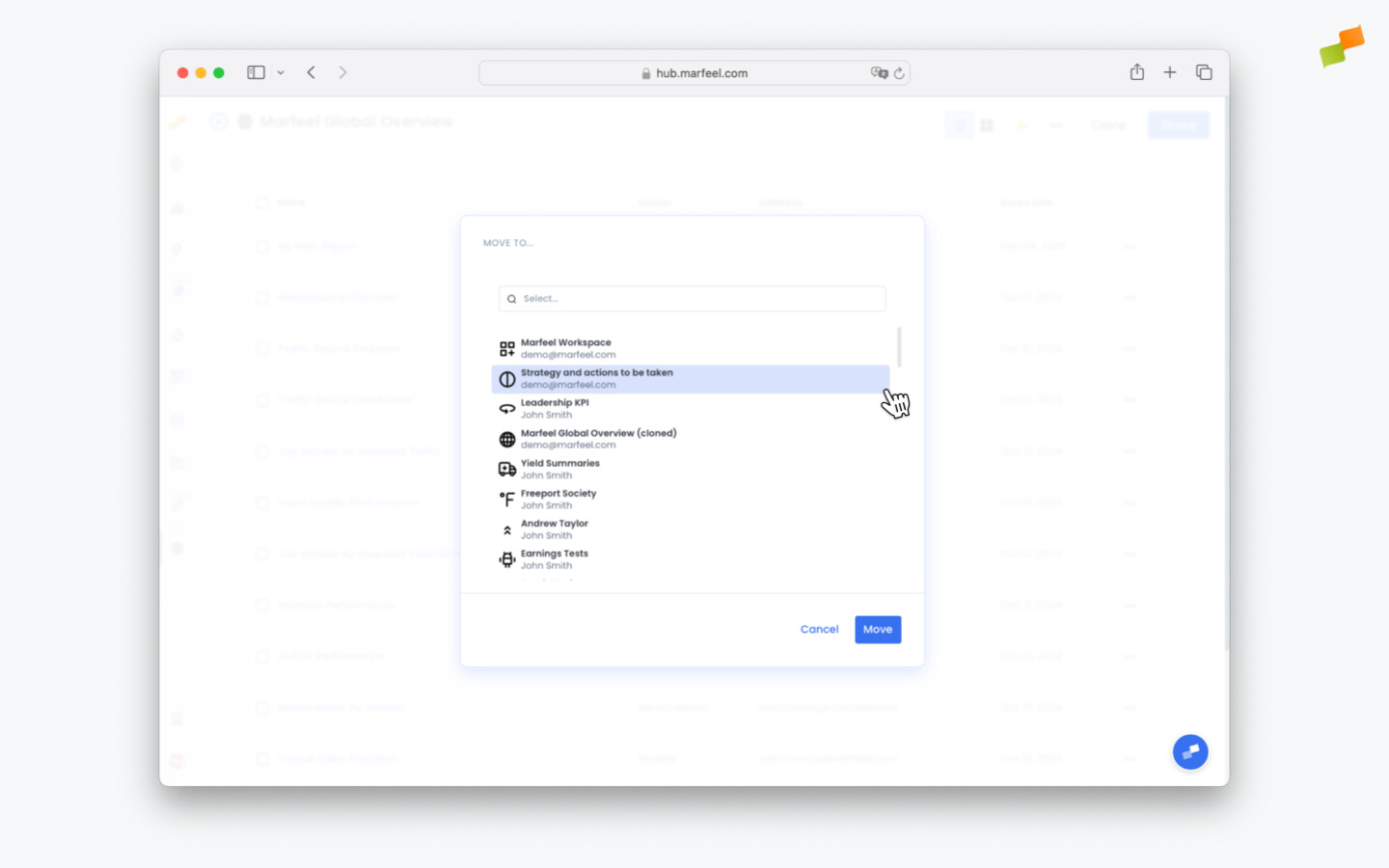 Destination workspace selector shown when cloning or moving a report|690x431