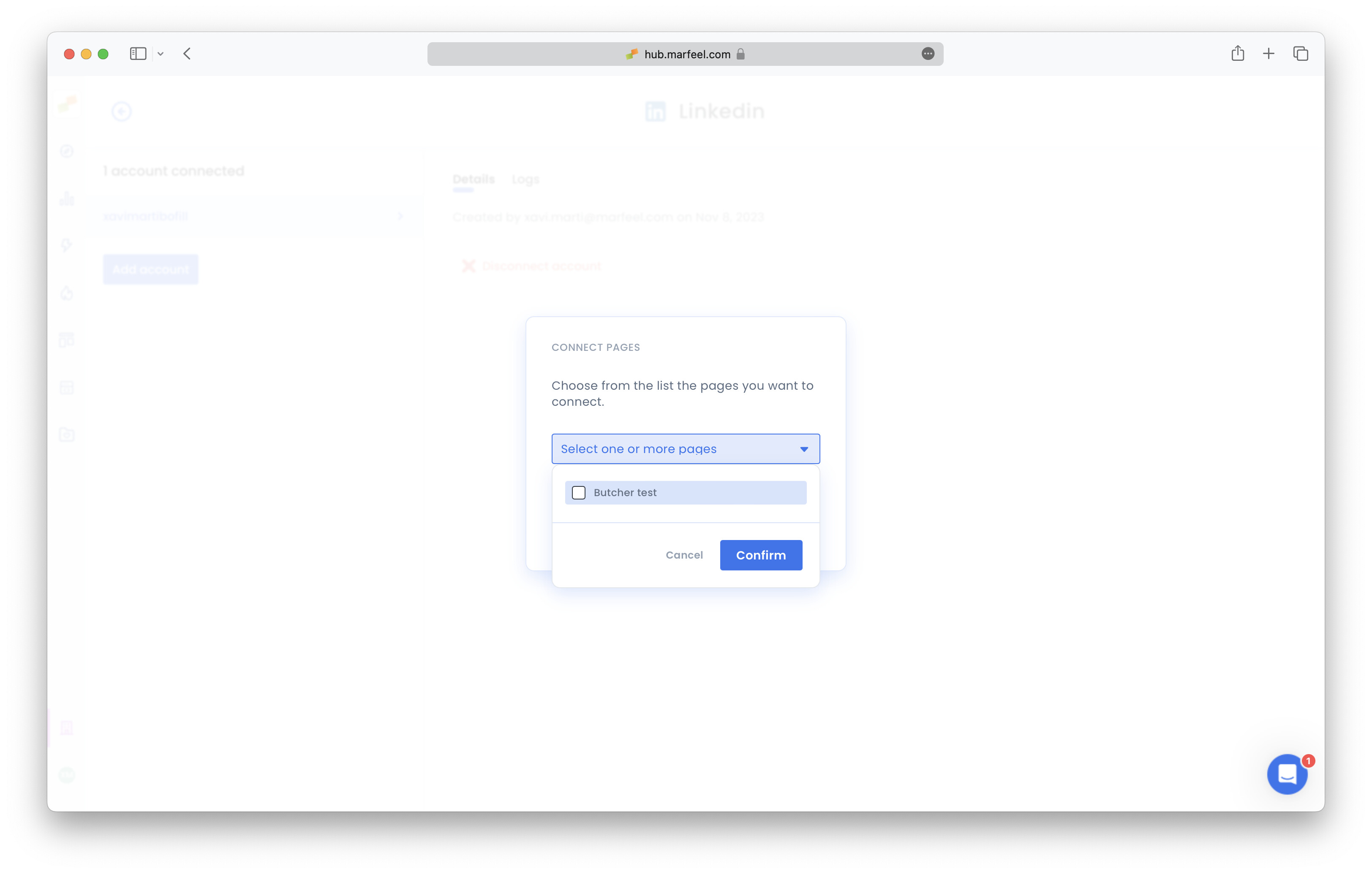 Page selection popup showing LinkedIn pages available for connection|690x439