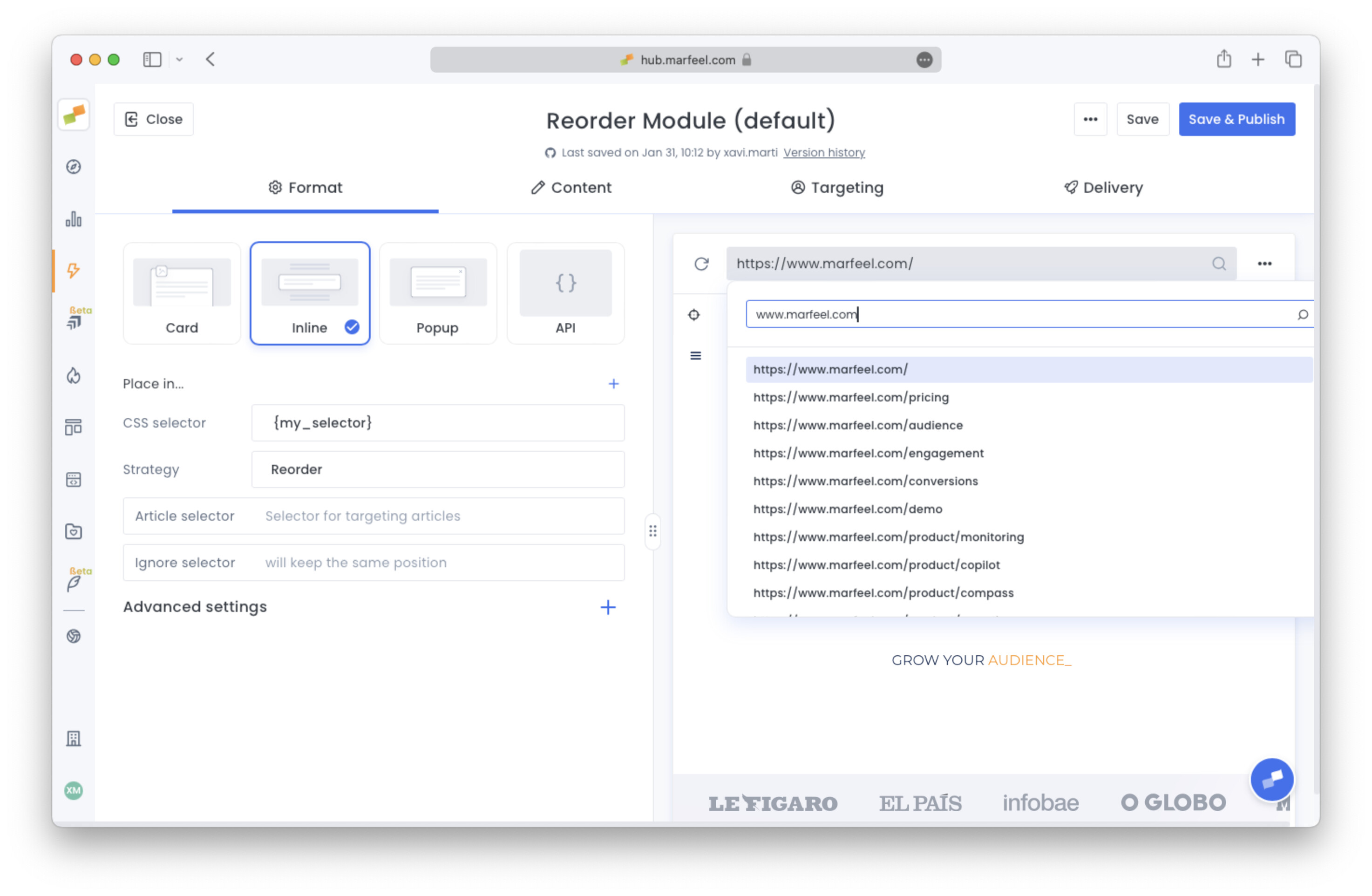 Preview URL selection dropdown for choosing a page with the target module|690x450