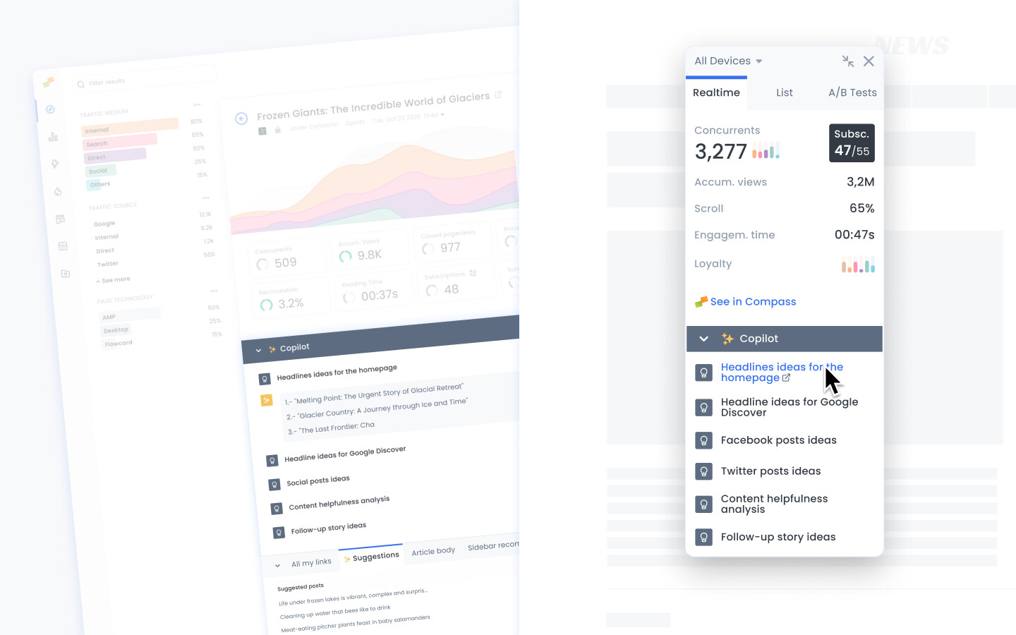Marfeel Copilot ideas and suggestions panel for editors|690x431