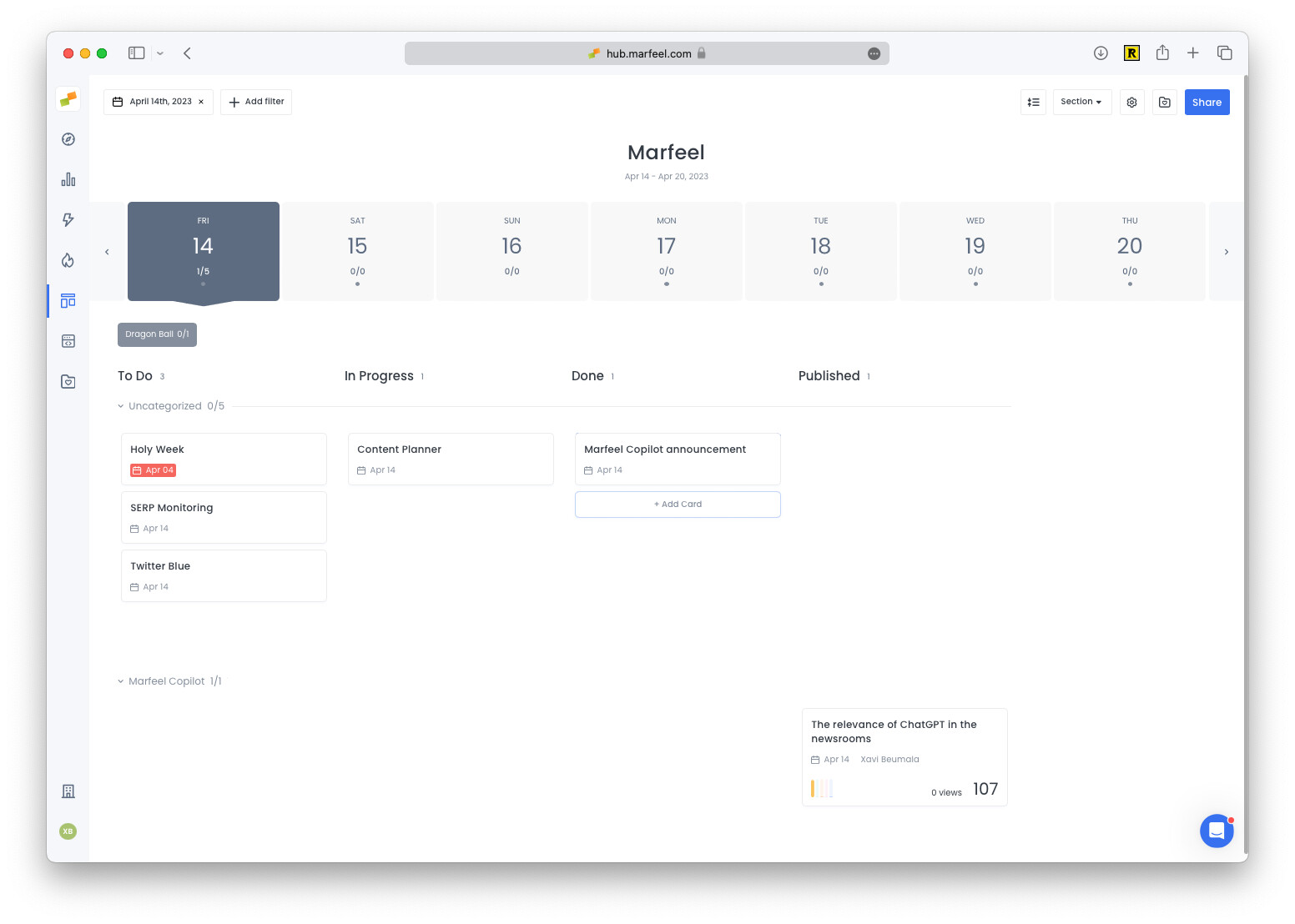 Marfeel Content Planner Kanban board with editorial workflow columns|690x492