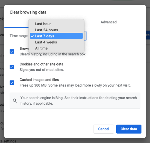 Browser settings panel for clearing site data, storage, and cookies|516x489