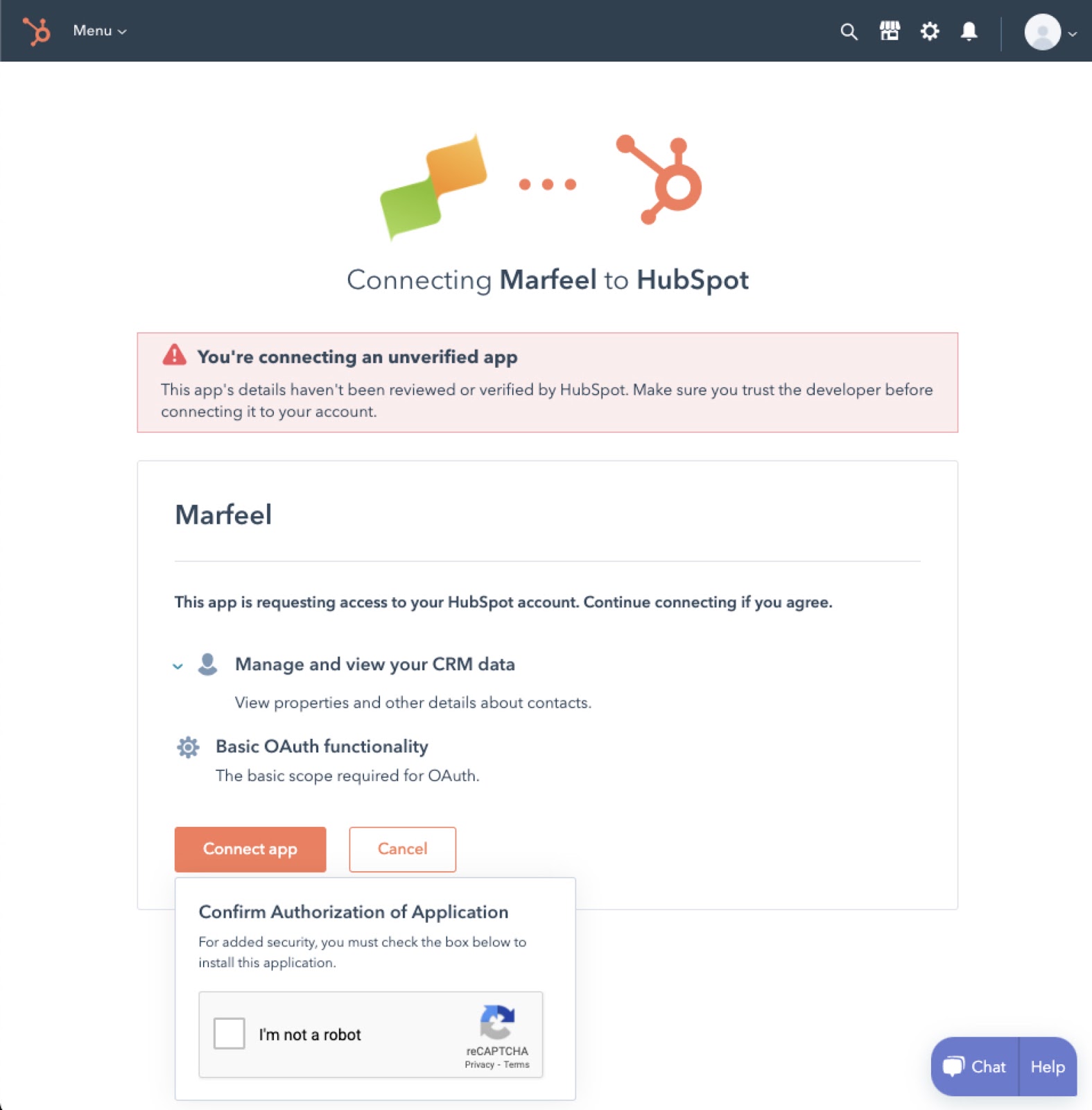 HubSpot captcha prompt for connecting an unverified application|326x331