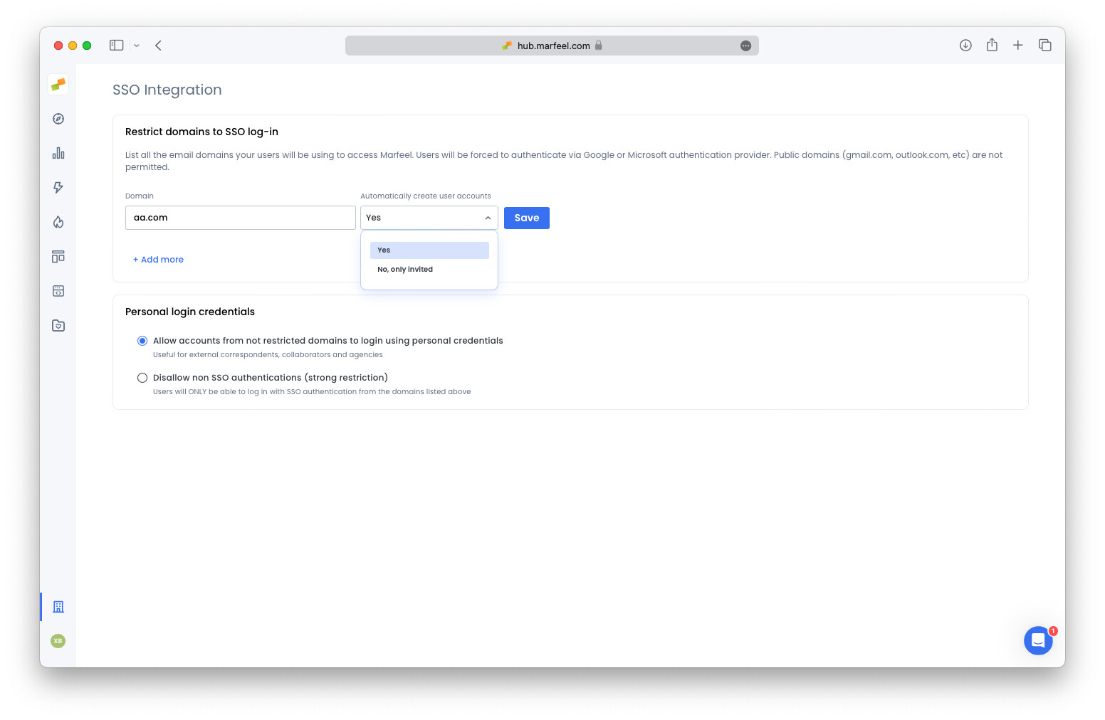SSO Integration settings showing email domain configuration for forced corporate login|690x449