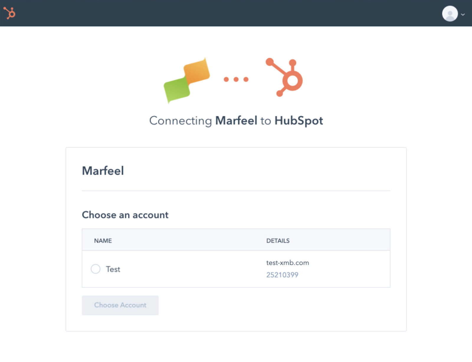 HubSpot account selection dialog for linking with Marfeel|294x225
