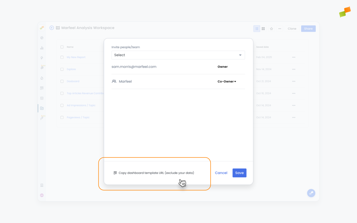Sharing menu with the Copy dashboard template URL option highlighted|690x431
