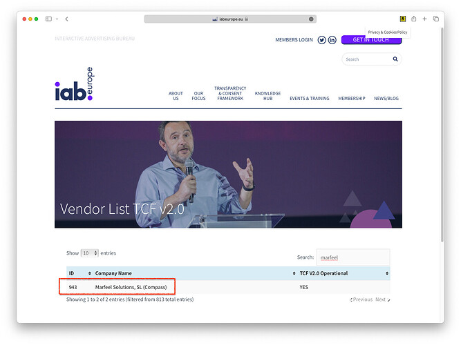 IAB TCF 2.0 certification badge showing Marfeel as a certified vendor|667x500