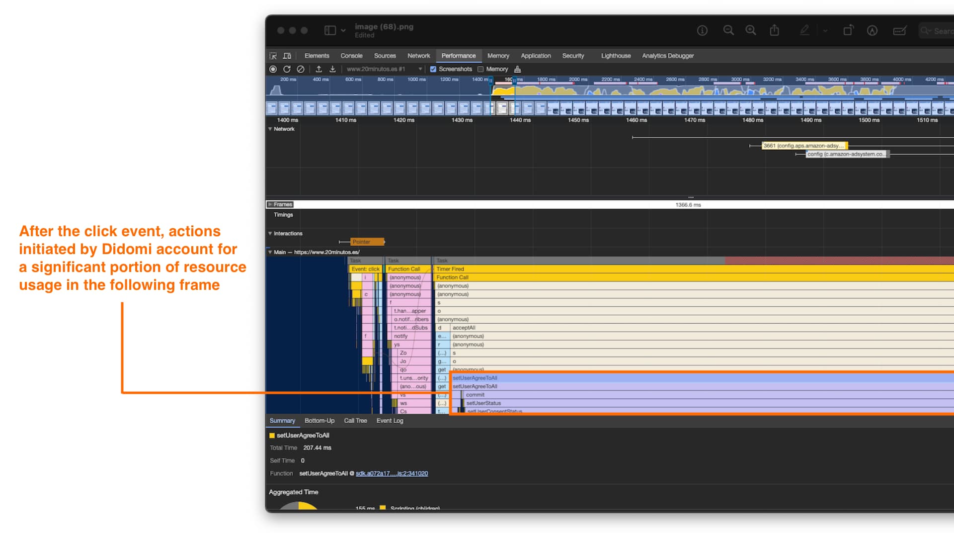 Flamechart performance analysis showing resource consumption after clicking a MarfeelPass consent button|690x388
