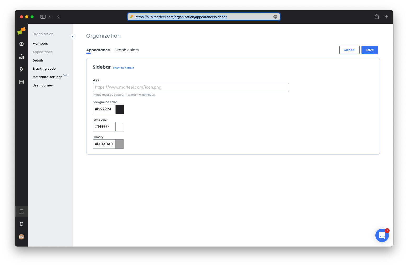 Organization appearance settings showing logo upload and sidebar color picker|690x449