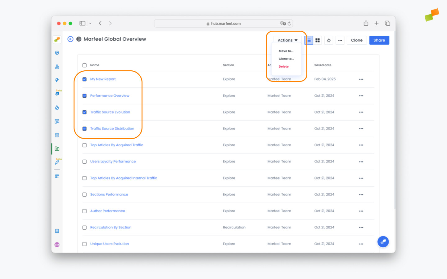 Workspace list view with tick boxes for selecting reports and the Actions dropdown menu|690x431