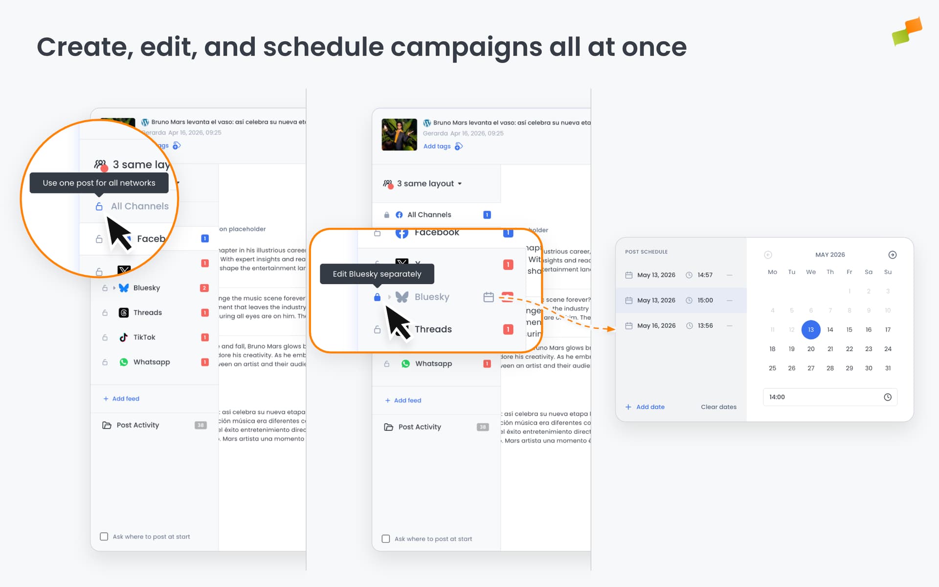 Amplify composer sidebar showing the channel tree with All Channels locked across Facebook, X, Bluesky, TikTok, Instagram, and Whatsapp, and the "Use one post for all networks" tooltip|690x431