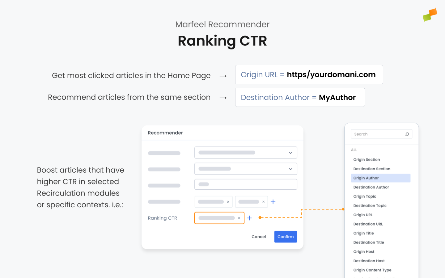 Marfeel Recommender ranking CTR configuration panel with filter dimensions